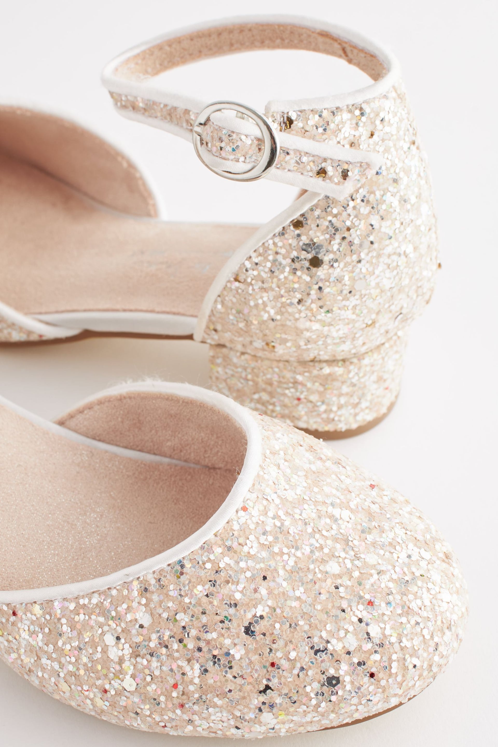 Ivory White Glitter Occasion Ankle Strap Low Heel Shoes - Image 5 of 7