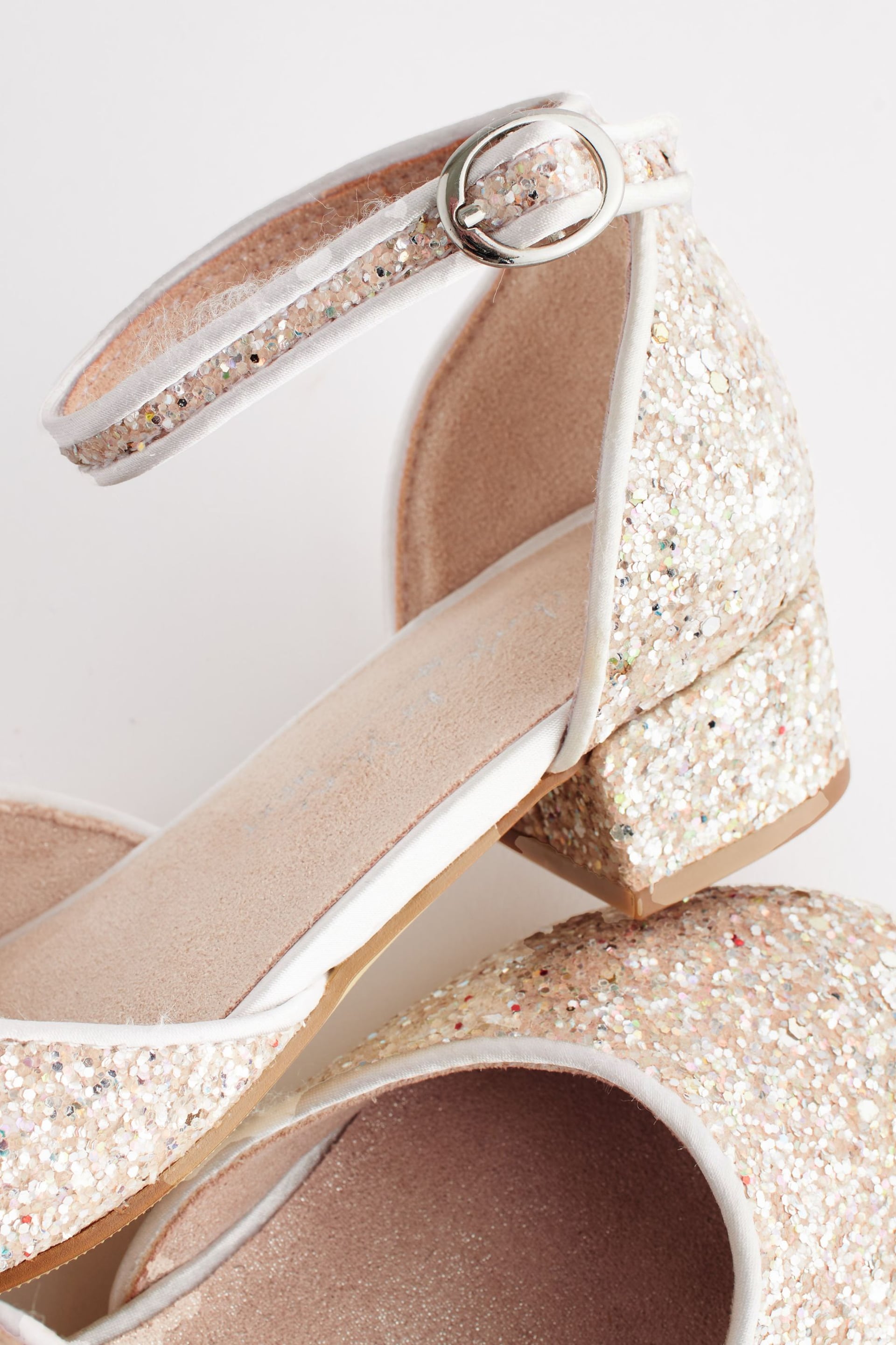 Ivory White Glitter Occasion Ankle Strap Low Heel Shoes - Image 6 of 7