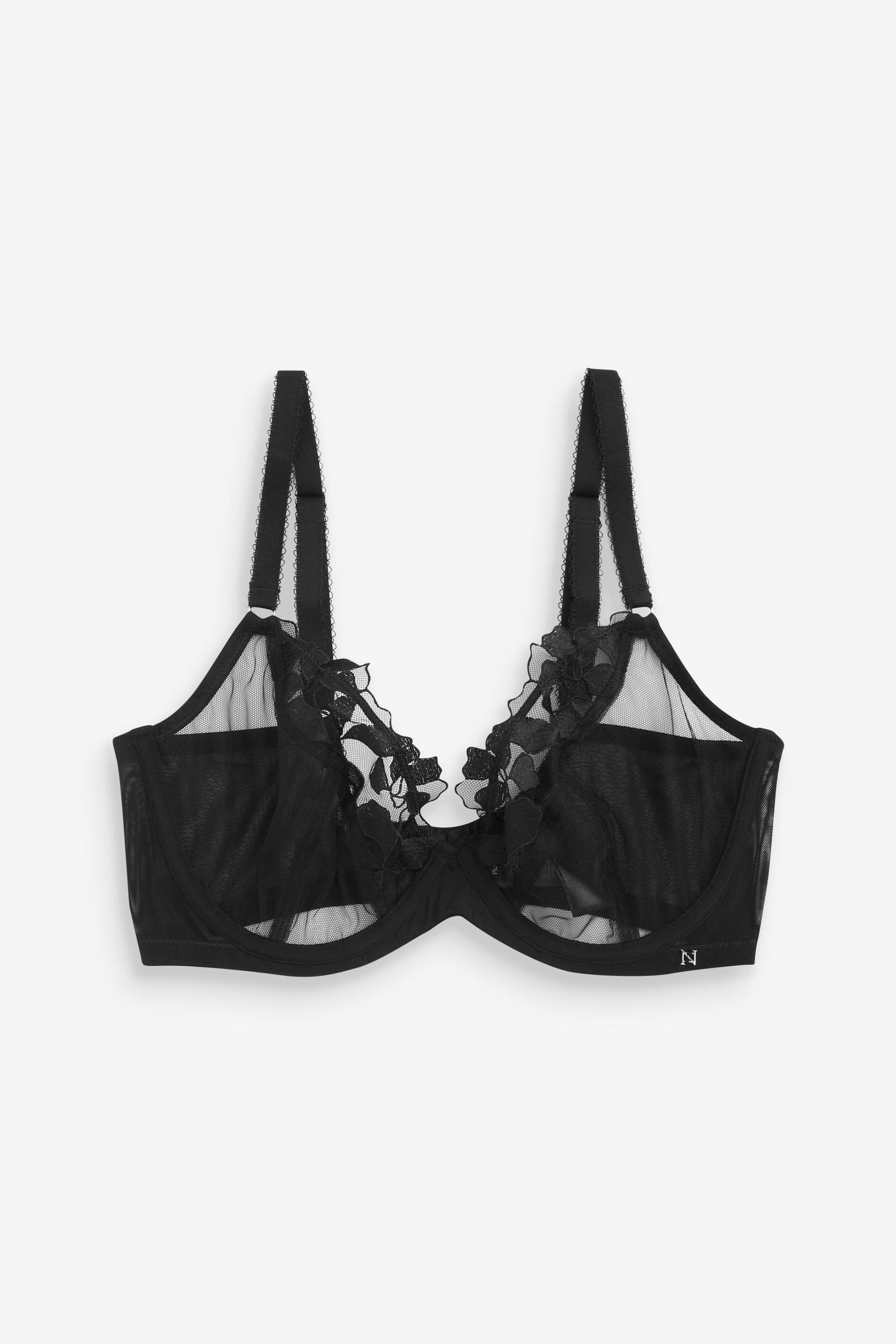 Black DD+ Non Pad Plunge Floral Embroidered Bra - Image 3 of 3
