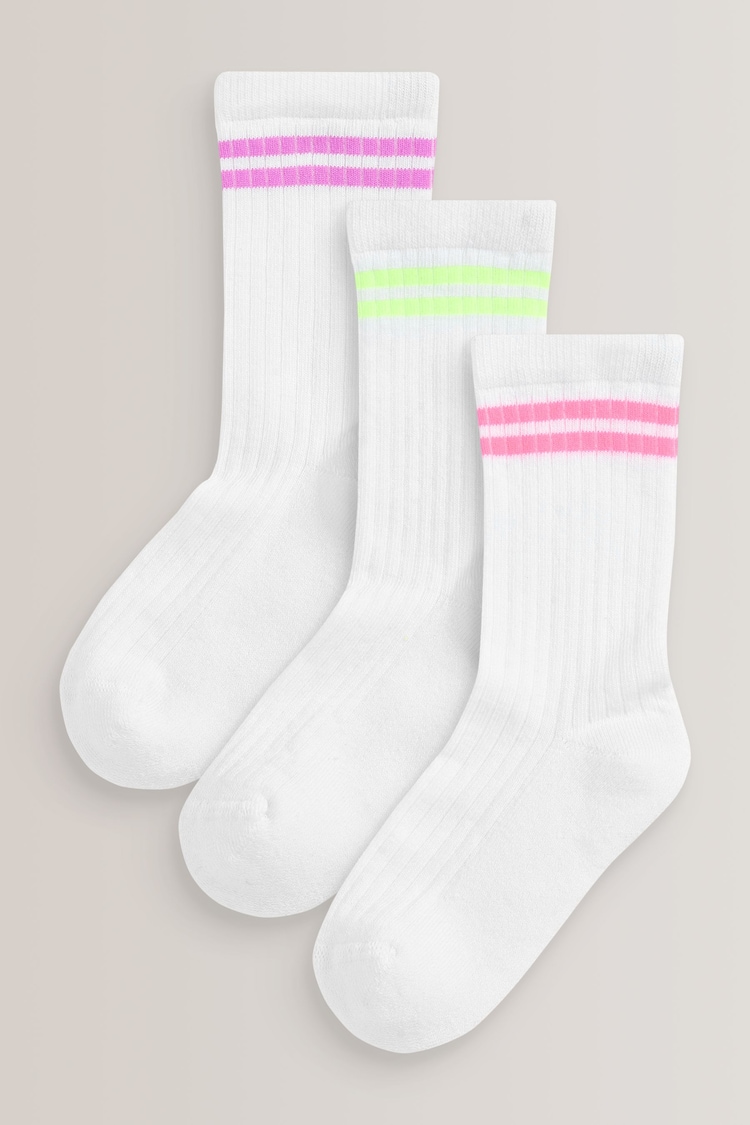 White with fluorescent stripe Regular Length Cotton Rich Cushioned Sole Ankle Socks 3 Pack - Image 1 of 4