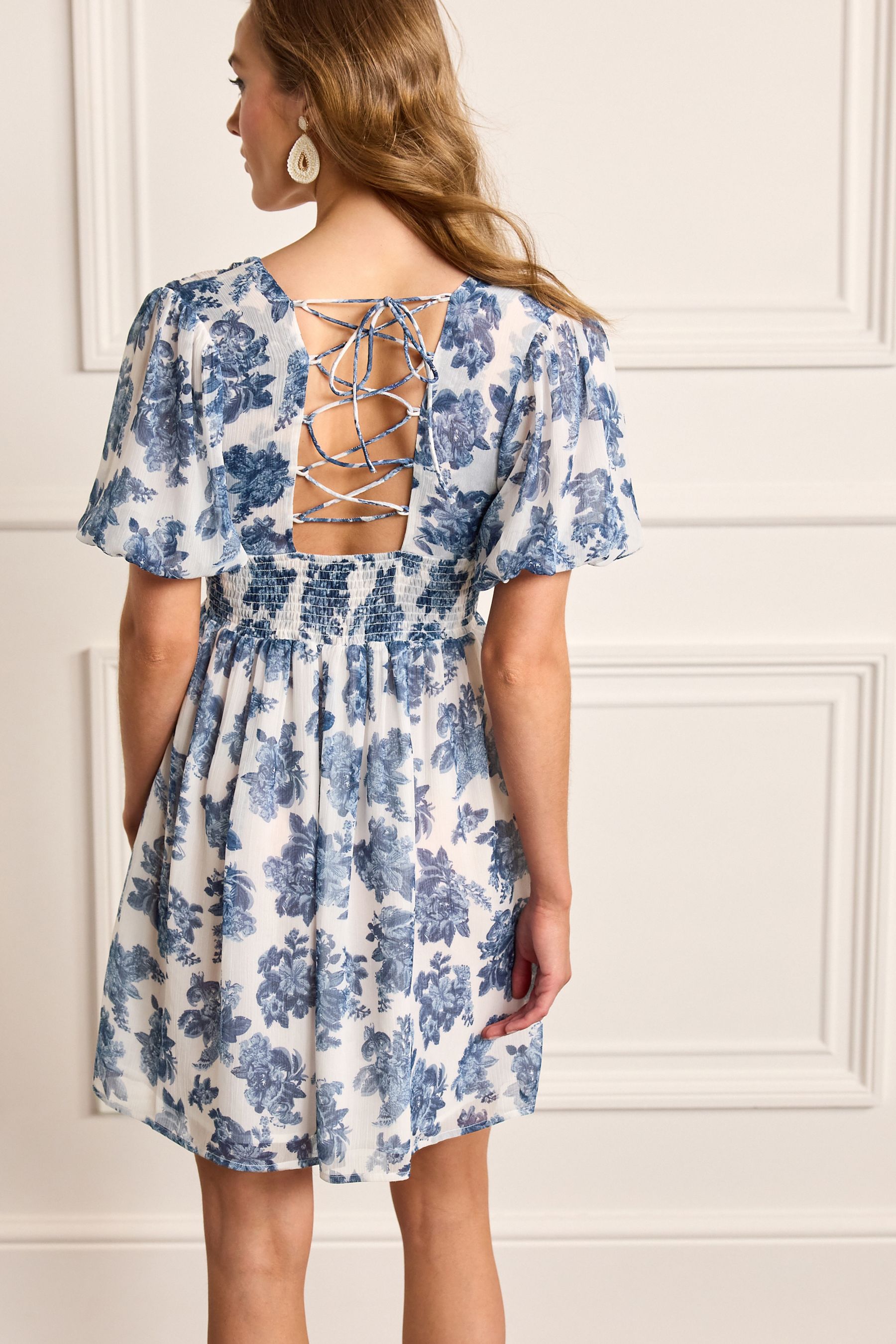 Buy Blue White Floral Print Lace Tie Back Dress from Next Luxembourg
