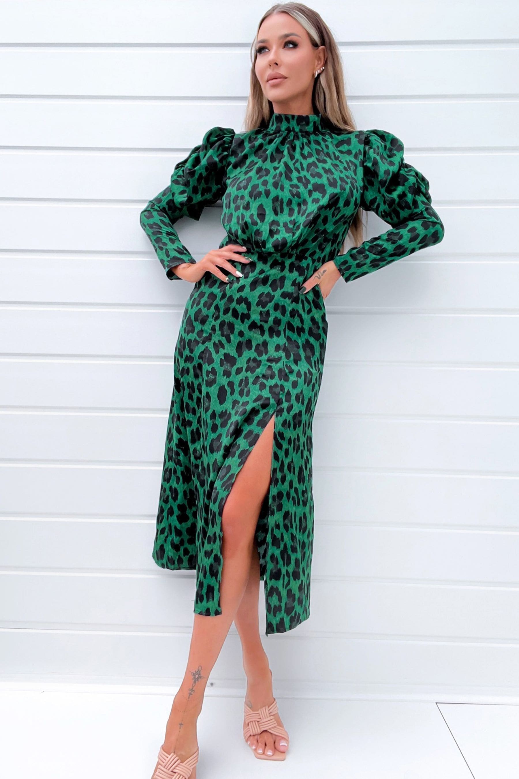 Buy AX Paris Green Animal Print Puff Long Sleeve Midi Dress from Next Luxembourg