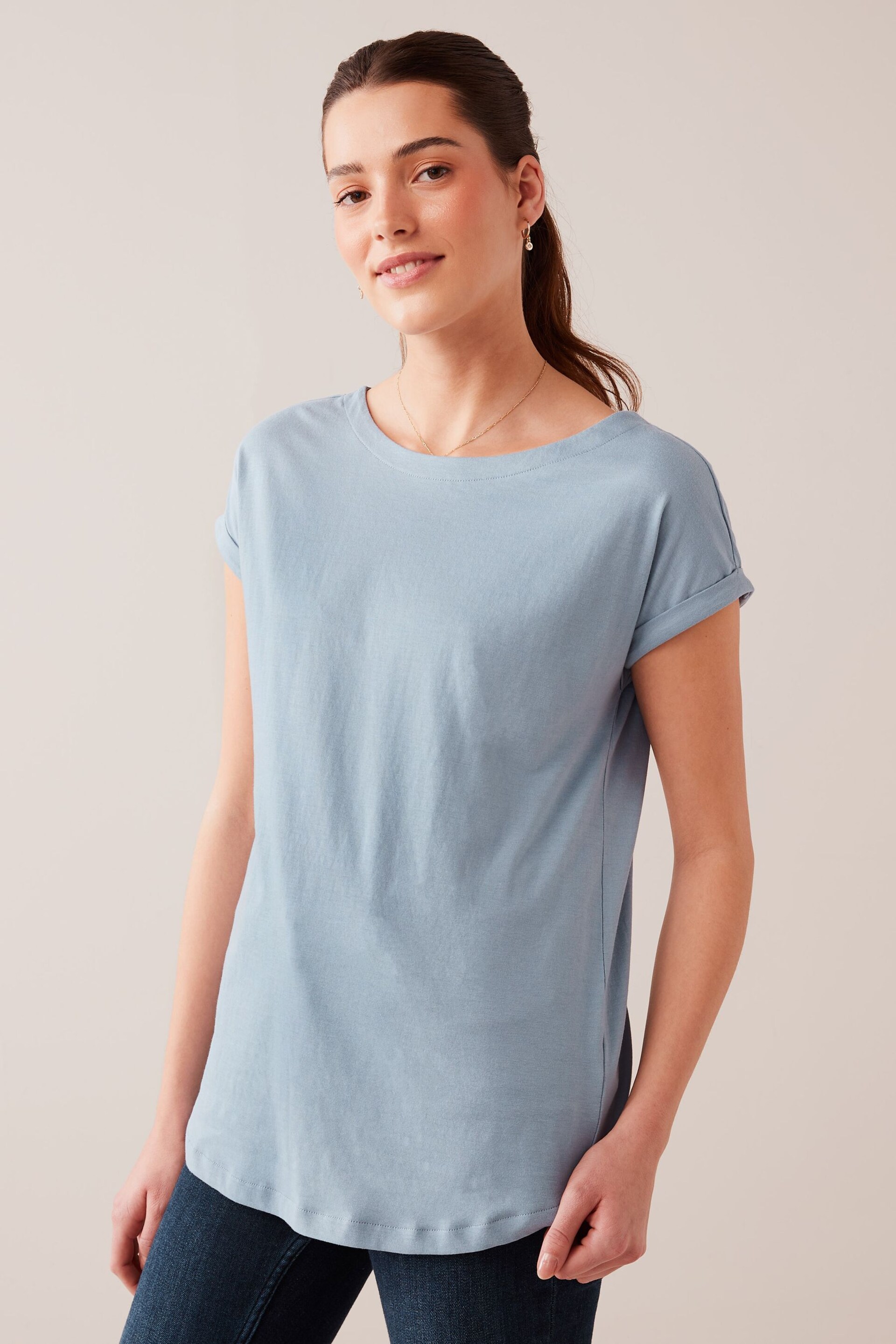 Dusky Blue Round Neck Cap Sleeve T-Shirt - Image 1 of 5