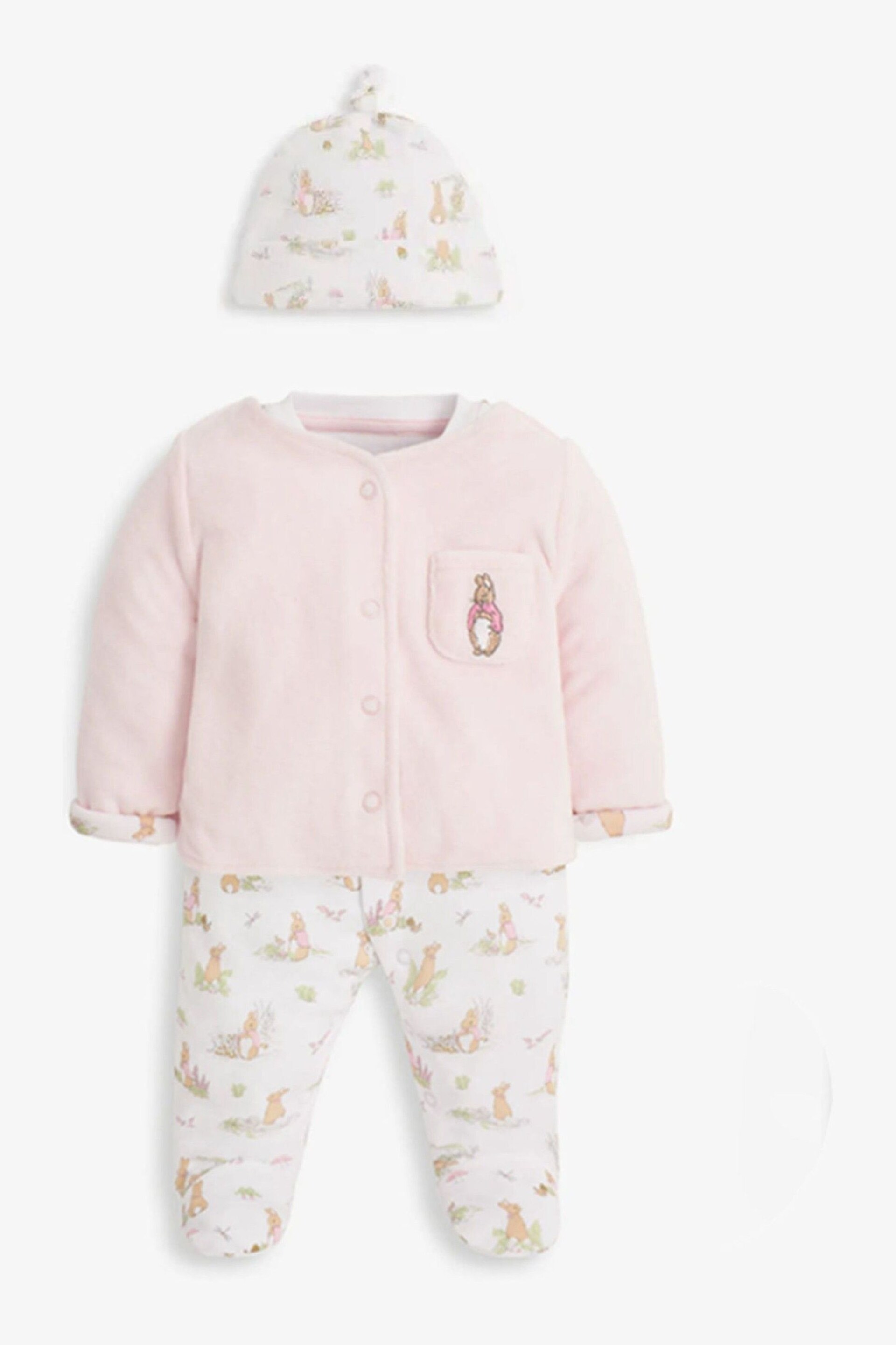 JoJo Maman Bébé Pink 3-Piece Flopsy Bunny Sleepsuit, Jacket & Hat Set - Image 3 of 9