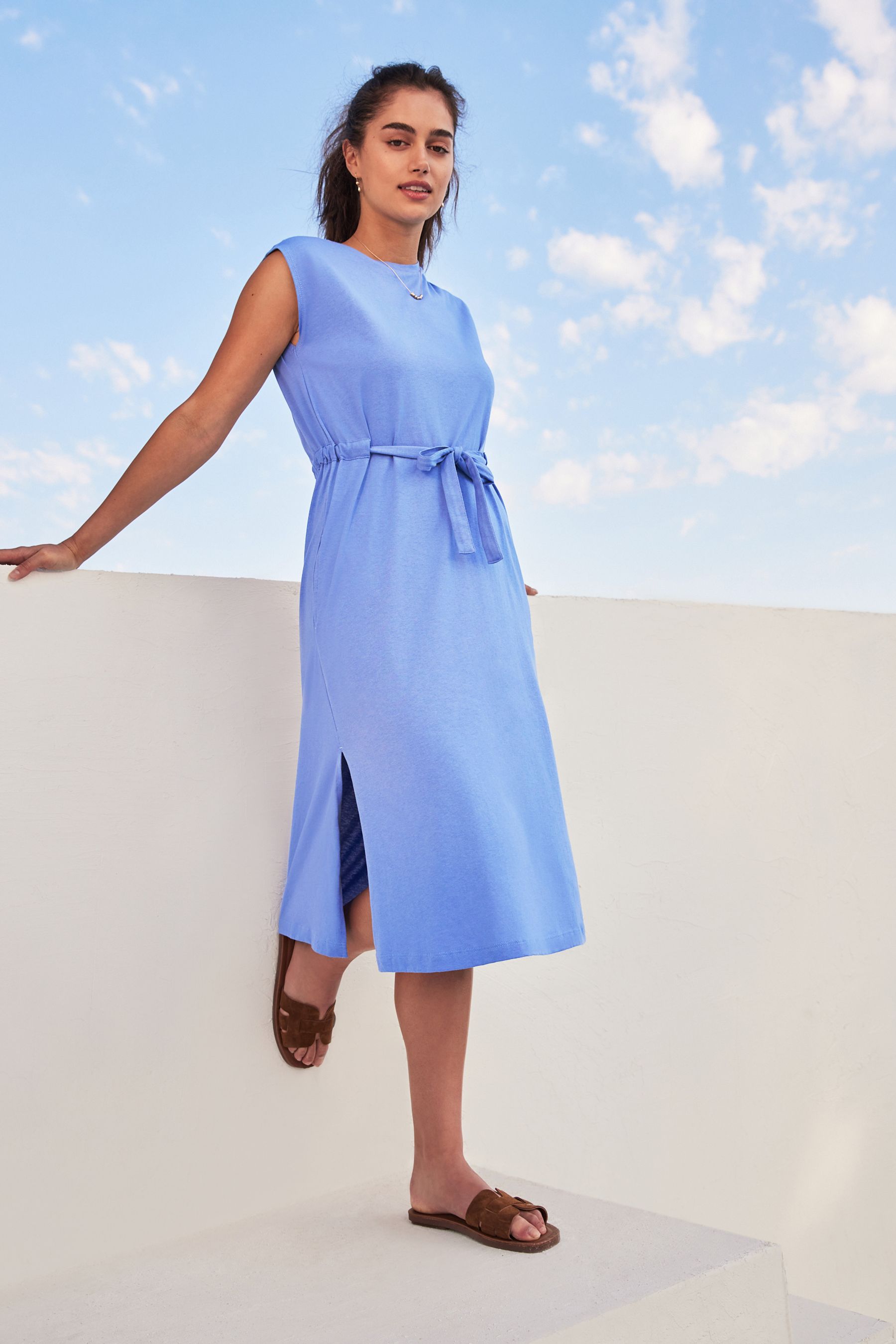 Buy Blue Short Sleeve 100 Cotton Belted T Shirt Midi Summer Dress from Next Luxembourg