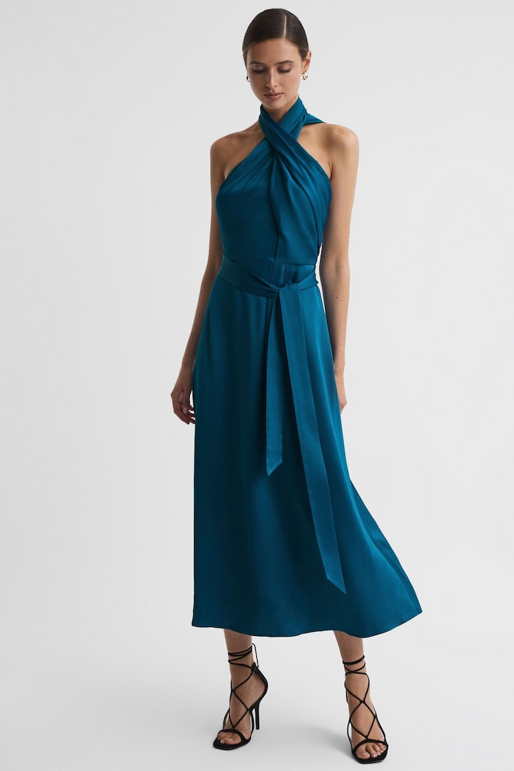 Reiss Teal Vida Satin Halter Neck Fitted Midi Dress - Image 1 of 5