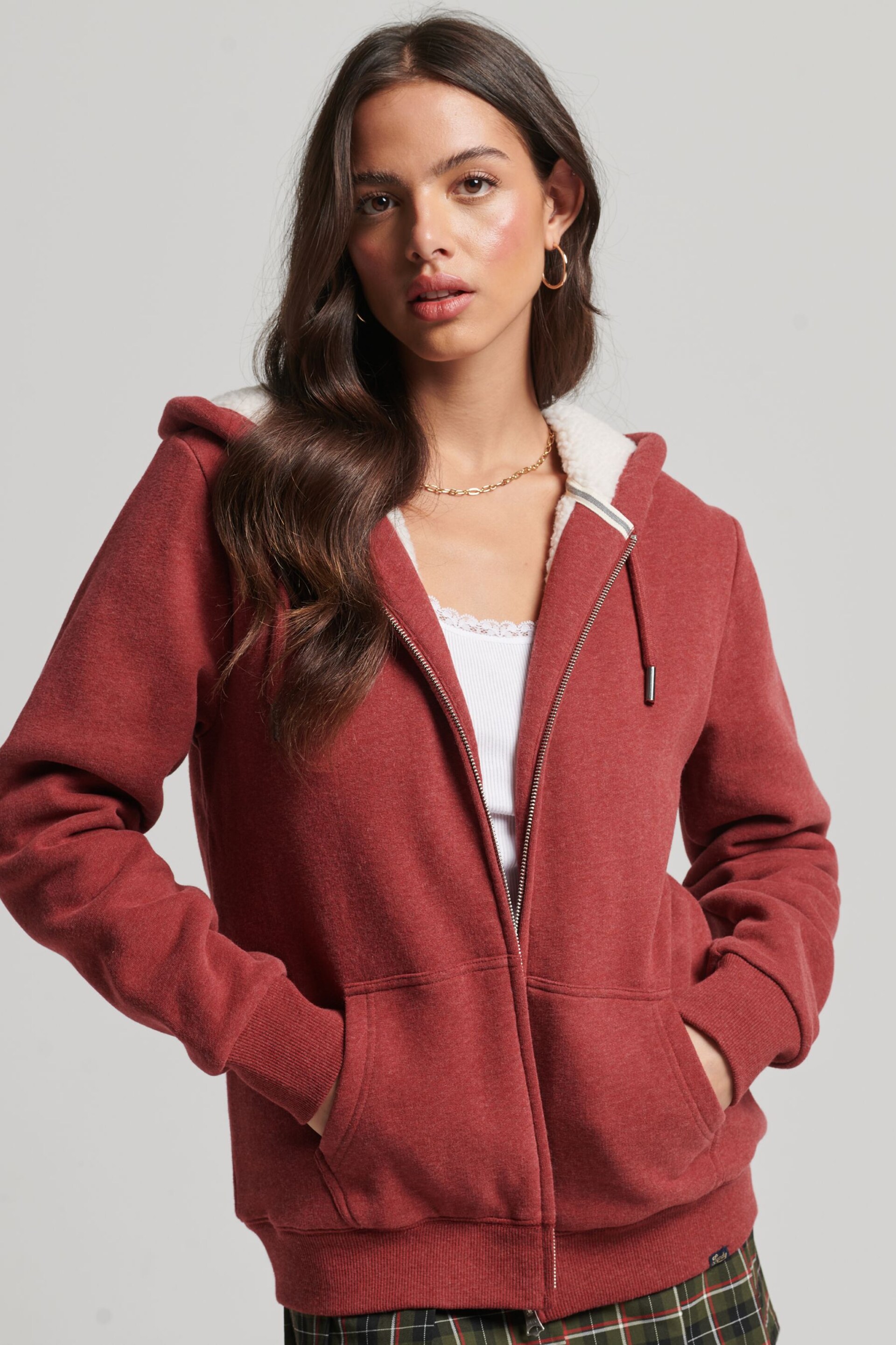 Superdry Rhubarb Marl Essential Borg Lined Zip Hoodie - Image 1 of 4