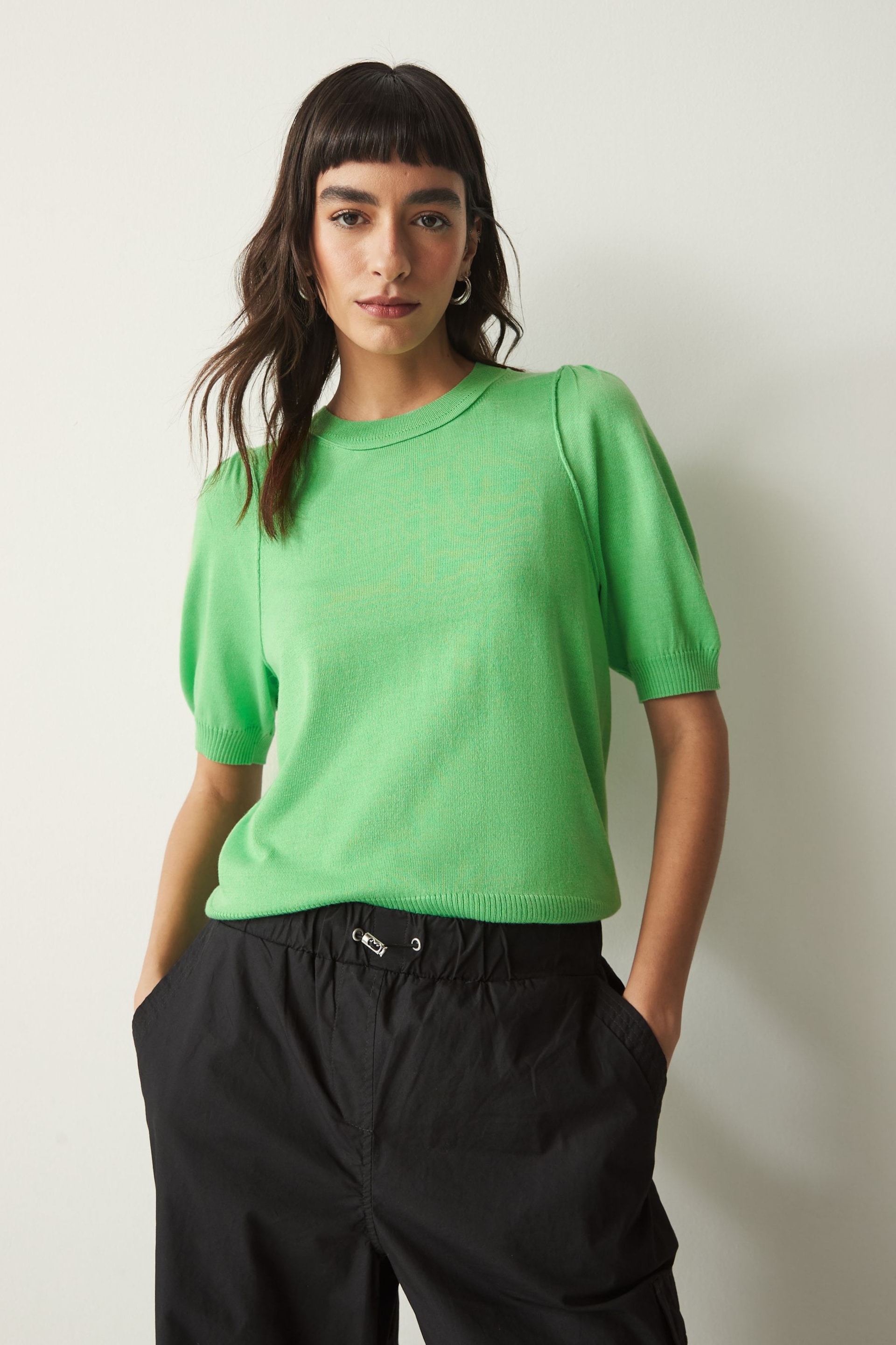 Green Crew Neck Short Sleeve Knitted Top - Image 1 of 6