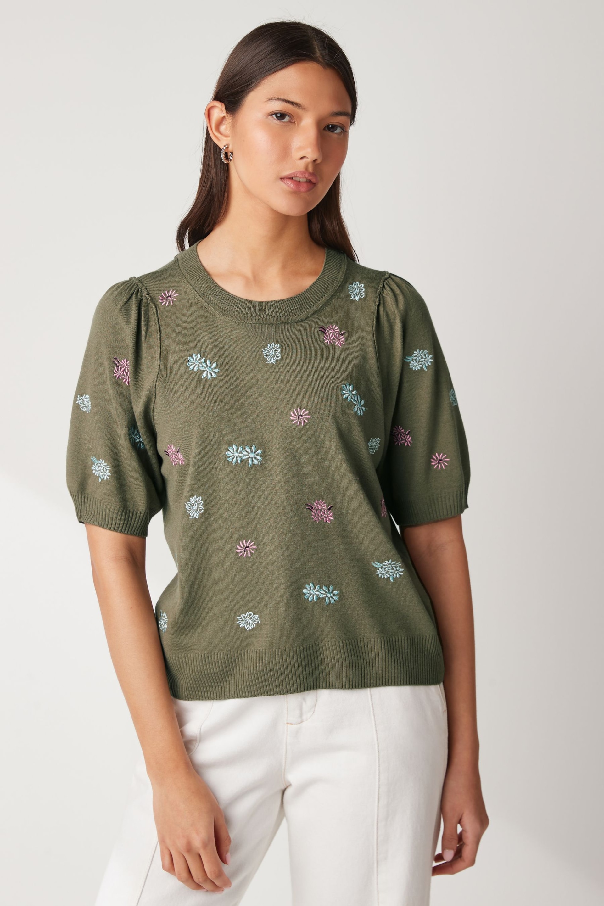 Khaki Green Floral Embroidery Printed Crew Neck Short Sleeve Knitted Top - Image 1 of 5
