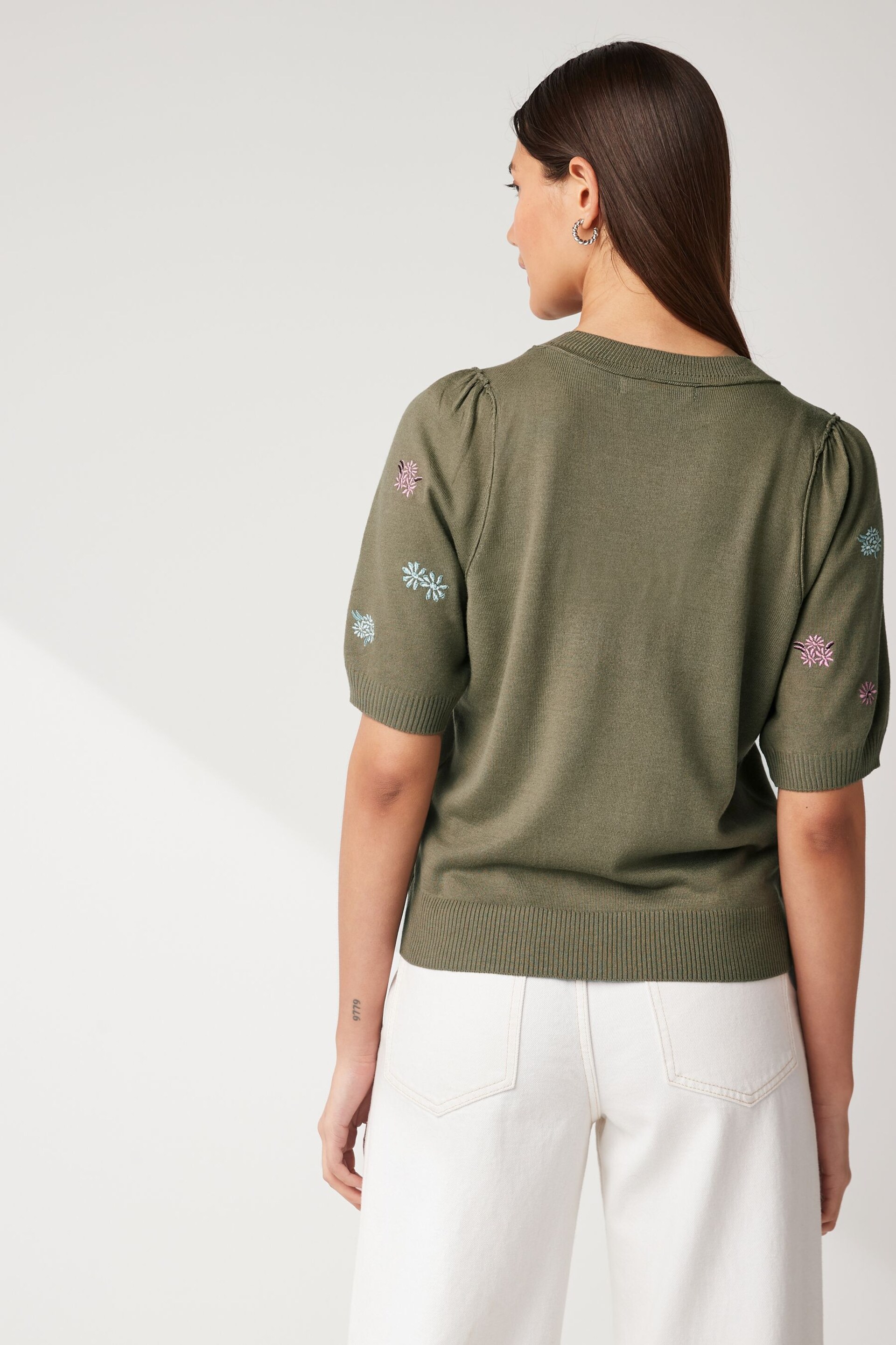 Khaki Green Floral Embroidery Printed Crew Neck Short Sleeve Knitted Top - Image 2 of 5