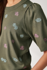 Khaki Green Floral Embroidery Printed Crew Neck Short Sleeve Knitted Top - Image 3 of 5