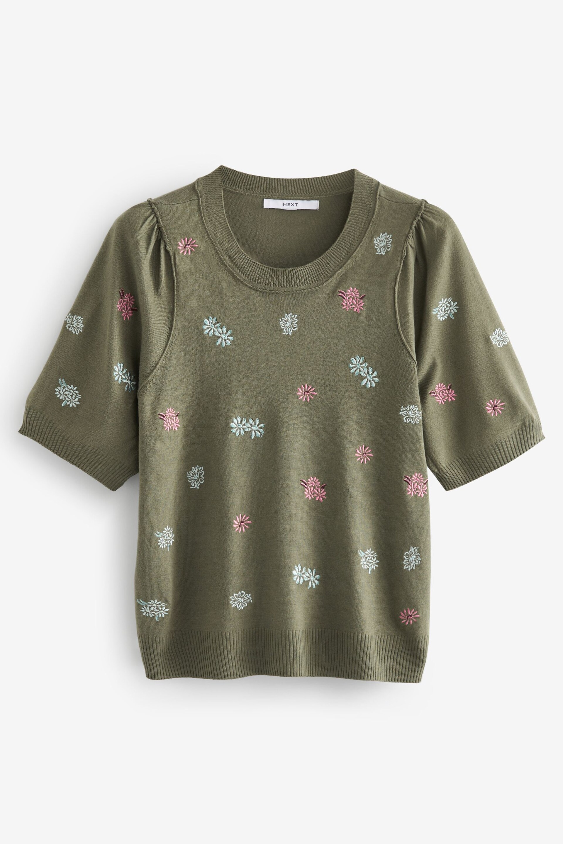 Khaki Green Floral Embroidery Crew Neck Short Sleeve Knitted Top - Image 4 of 5