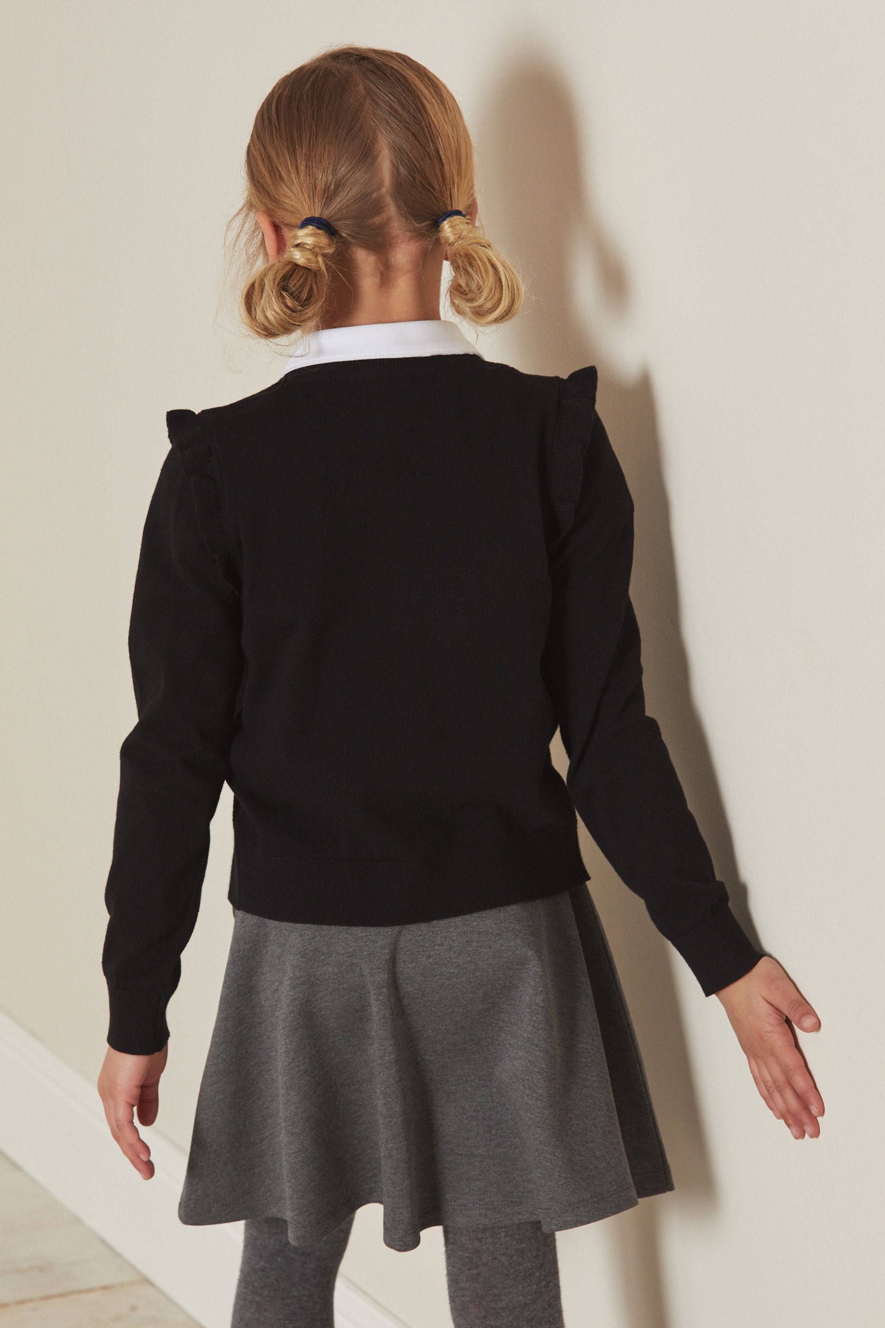 Black Cotton Rich Frill Shoulder School Cardigan 3 16yrs