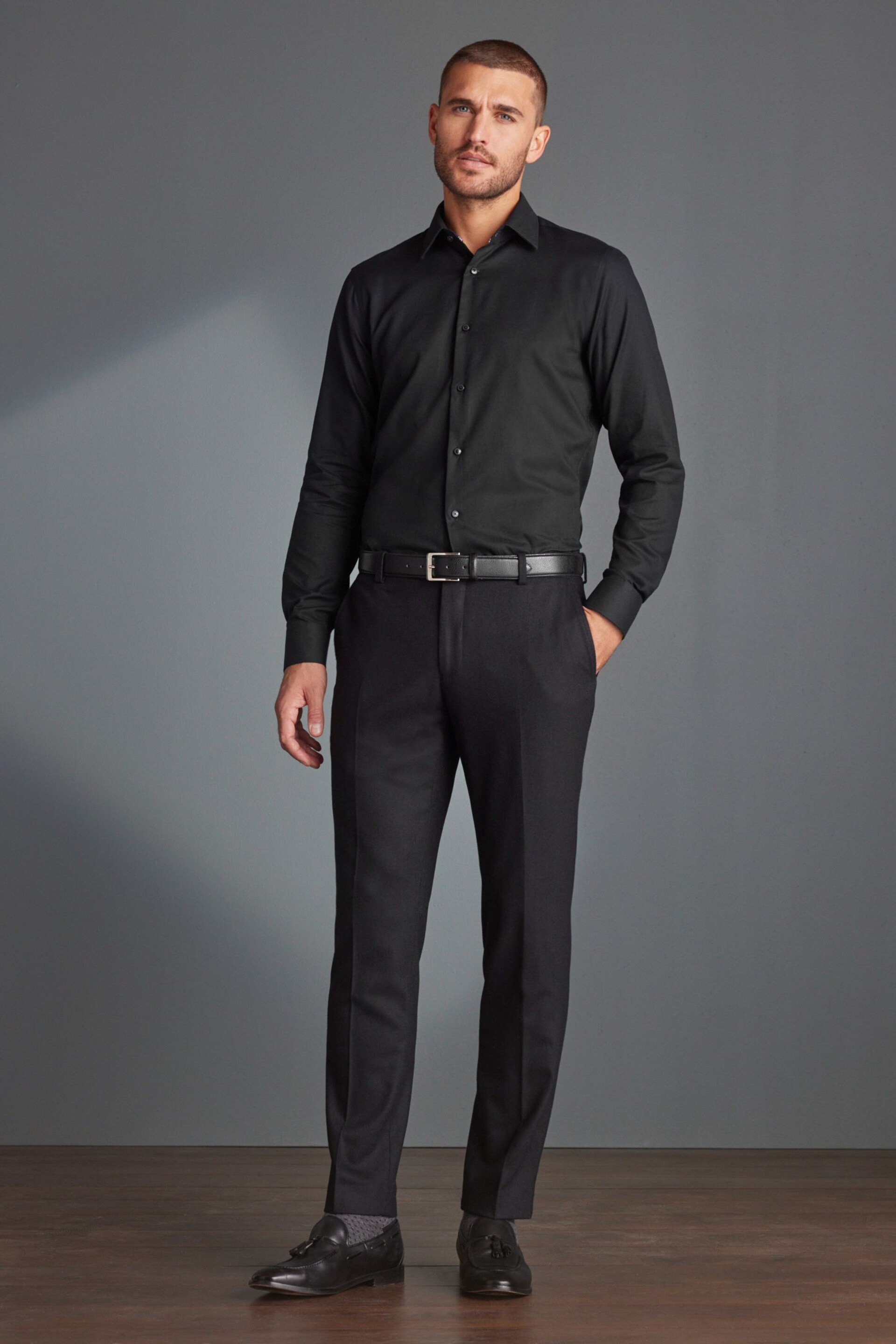 Black Slim Fit Signature Textured Single Cuff Shirt With Trim Detail - Image 2 of 8