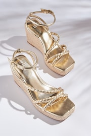 Gold Forever Comfort® Twist Strap Detail Square Toe Wedge Sandals - Image 1 of 6