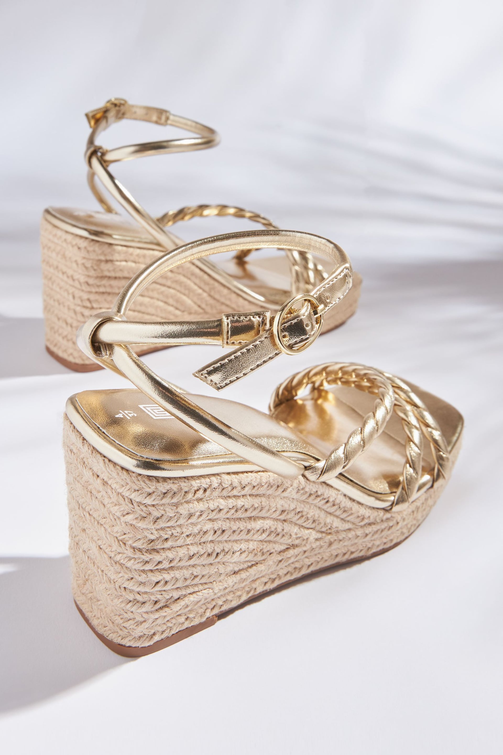 Gold Forever Comfort® Twist Strap Detail Square Toe Wedge Sandals - Image 3 of 6