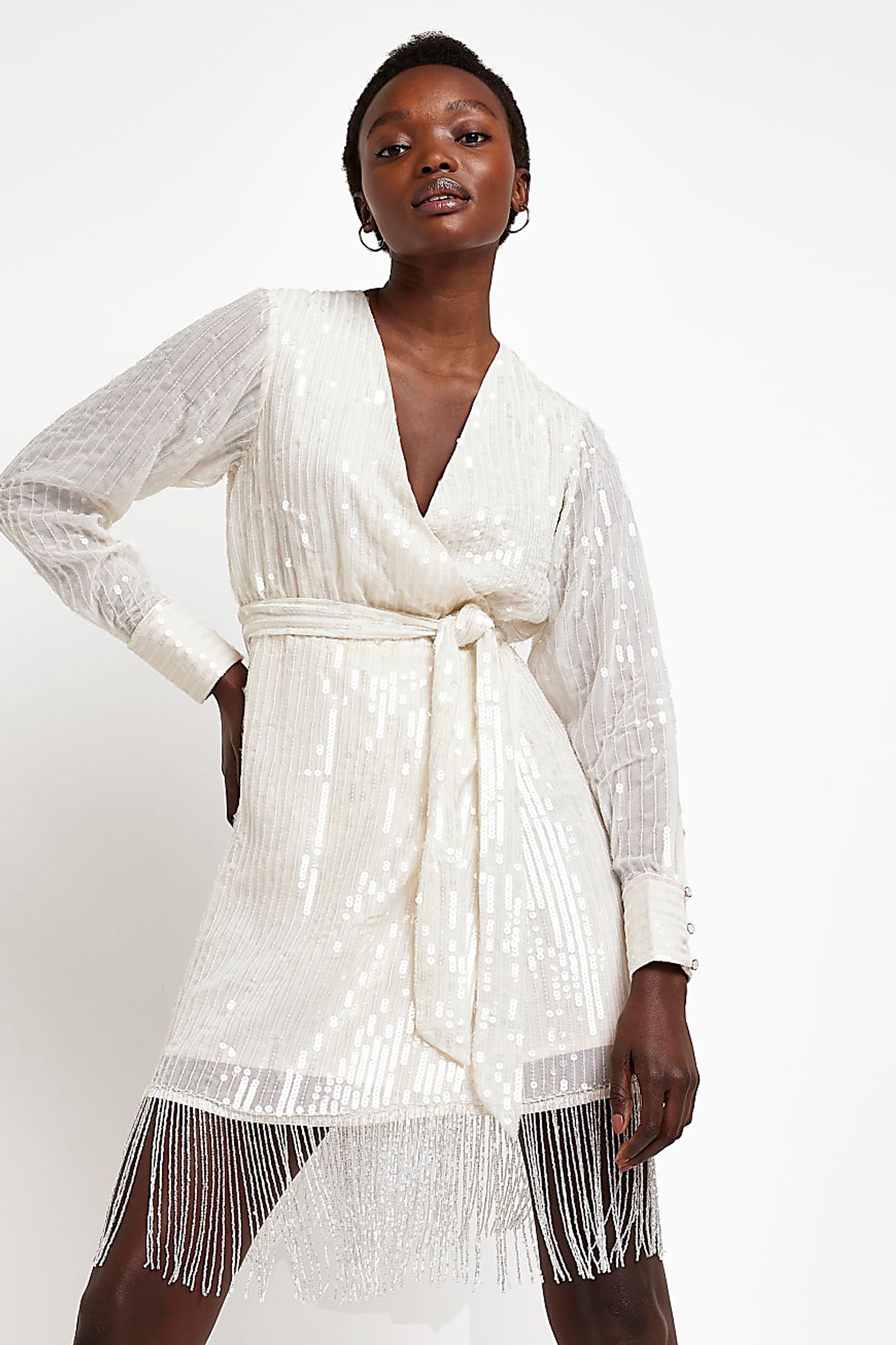 Buy River Island Cream Sequin Wrap Fringed Dress from the Next UK online shop