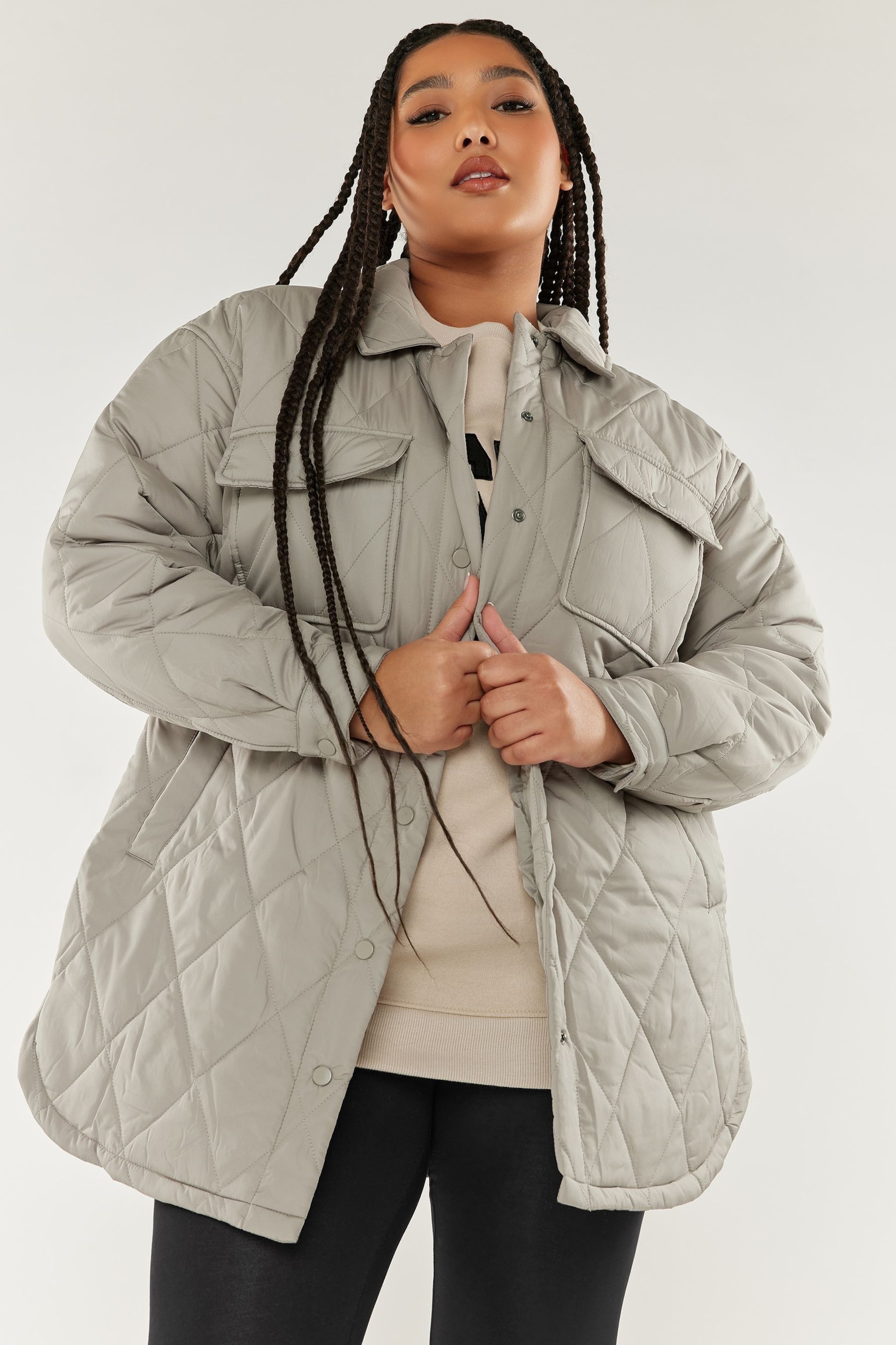 Yours Curve Grey Light Weight Short Quilted Jacket - Image 1 of 5