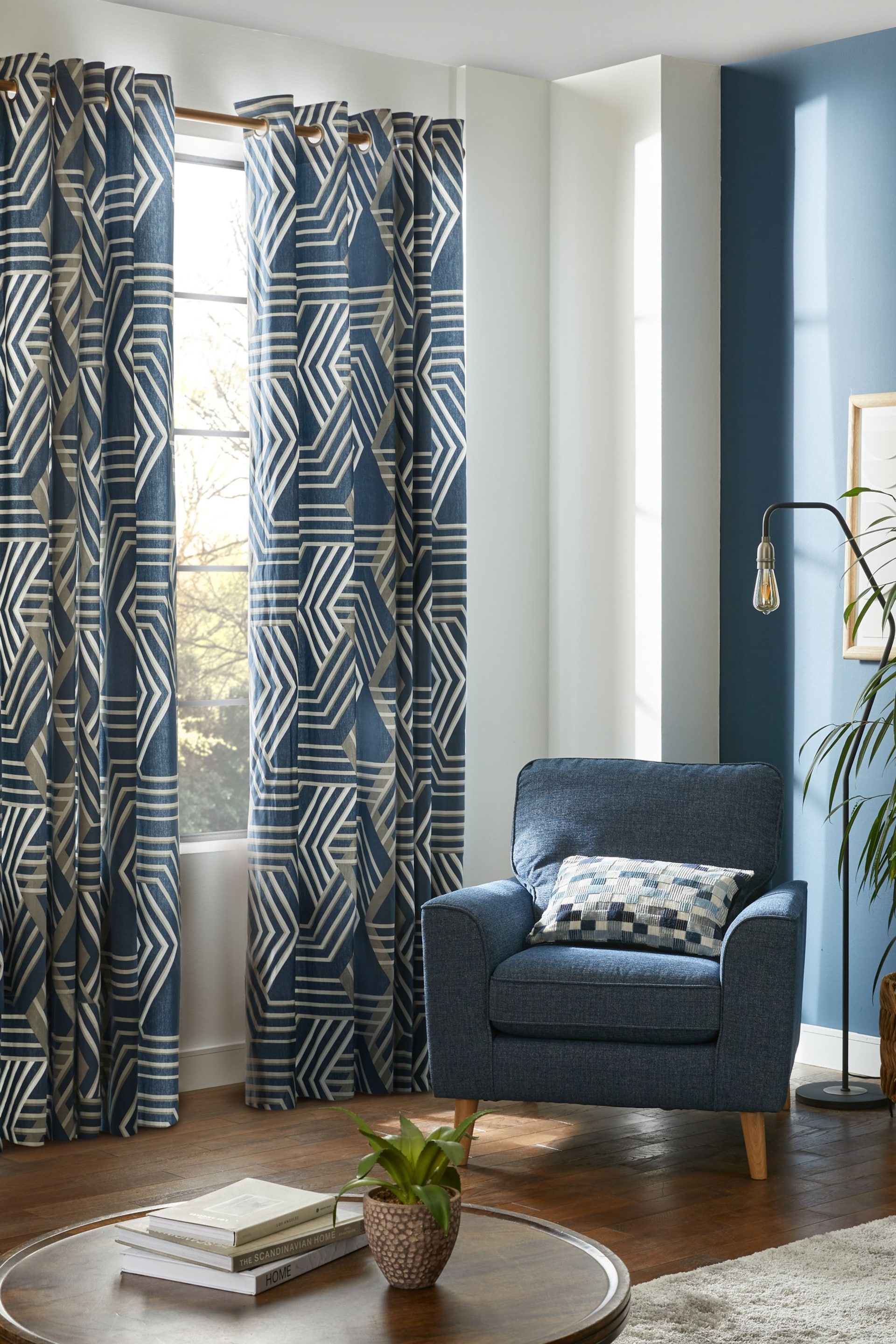 Navy Blue Next Geometric Eyelet Blackout/Thermal Curtains - Image 3 of 11