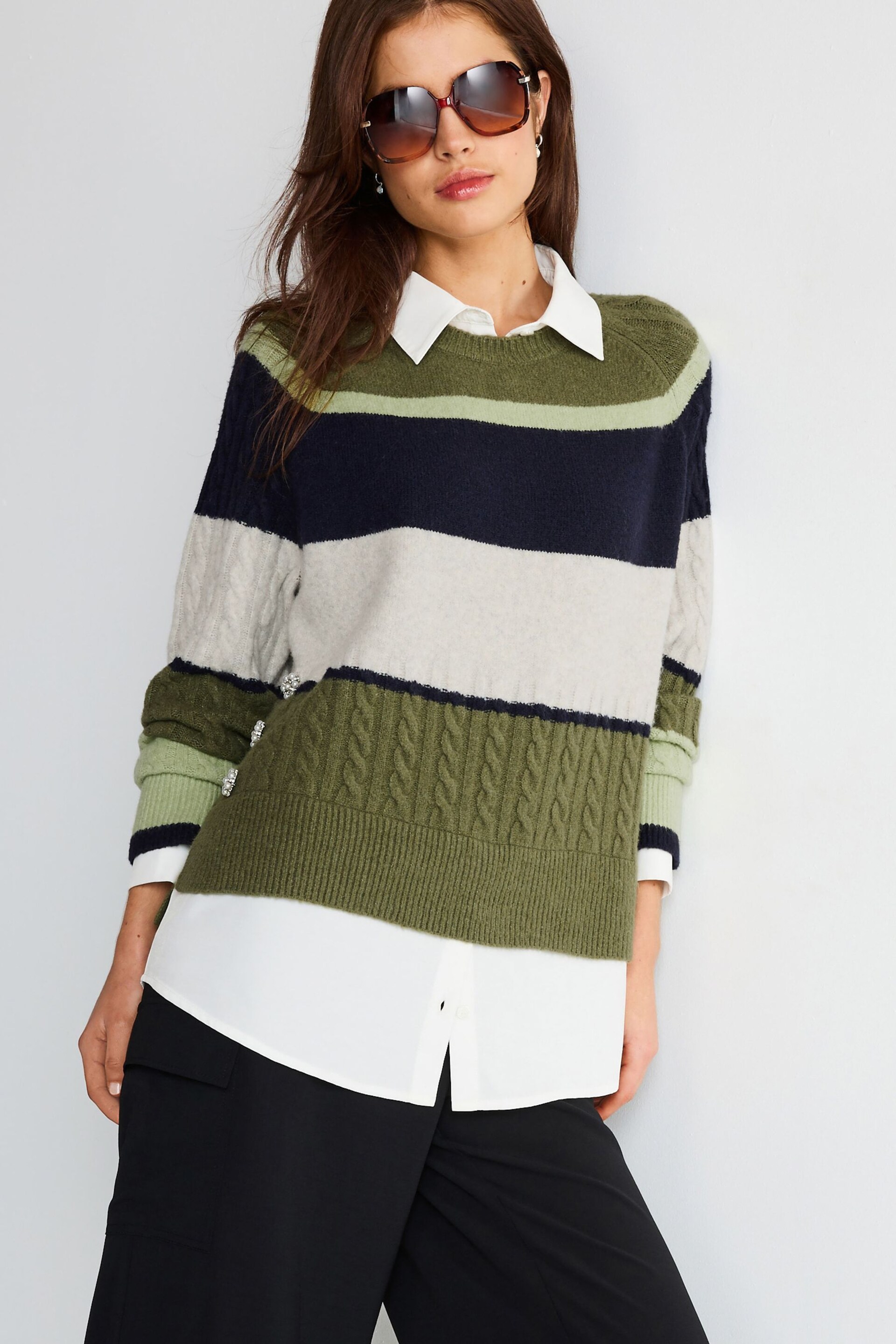 Khaki Green Stripe Gem Button Shirt Layer Jumper - Image 3 of 7