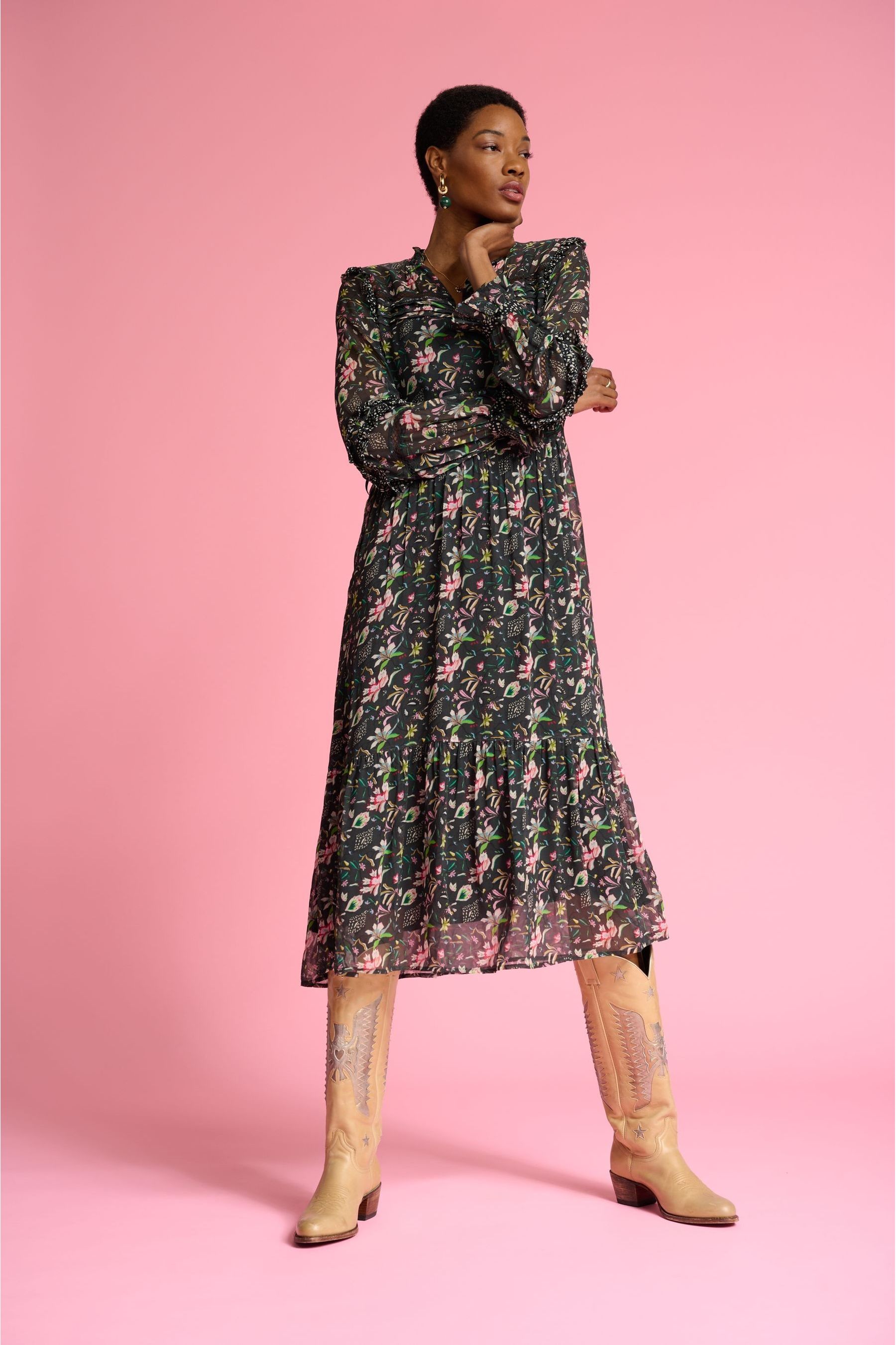 Buy Pom Amsterdam Black Floral Ruffle Midi Dress from Next Luxembourg