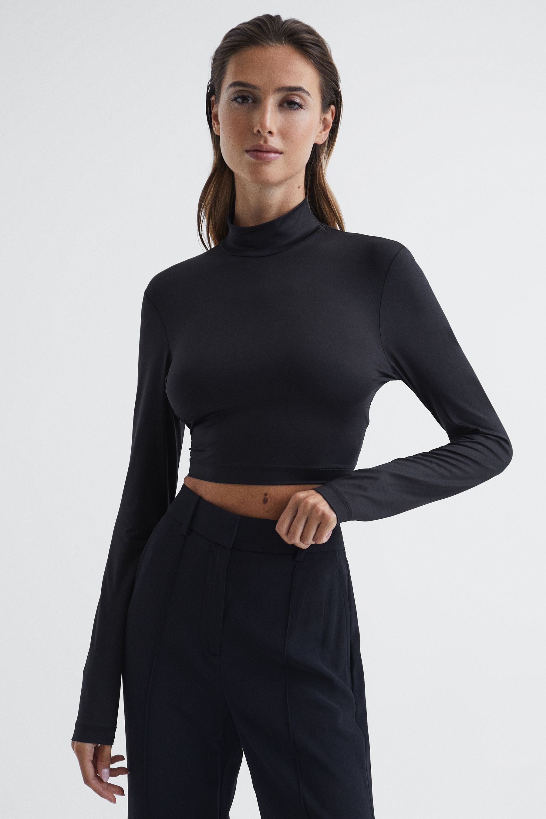 Buy Reiss Black Bobbi Long Sleeve High Neck Crop Top from Next Australia