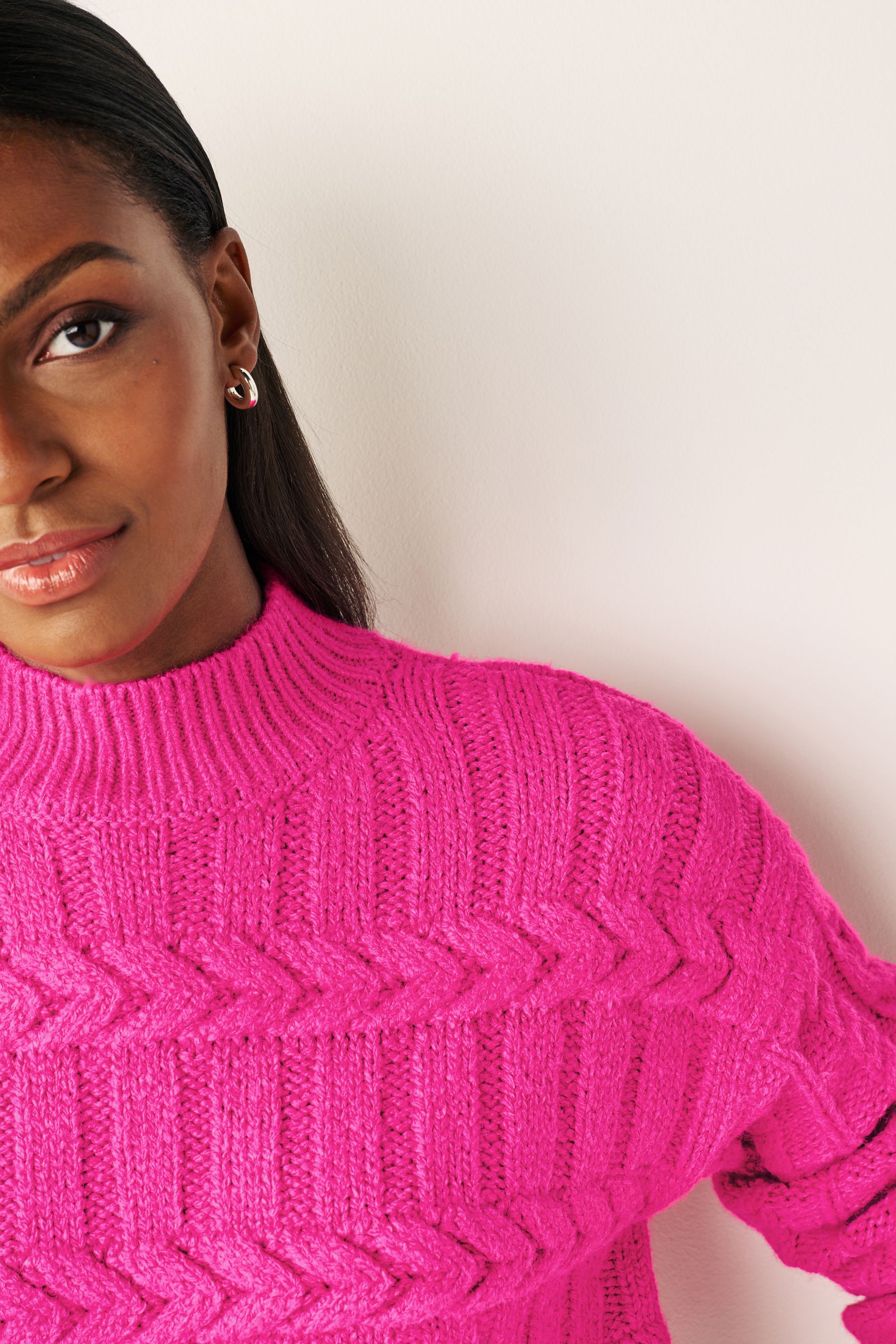 Buy Bright Pink Cable Detail High Neck Jumper from Next Luxembourg