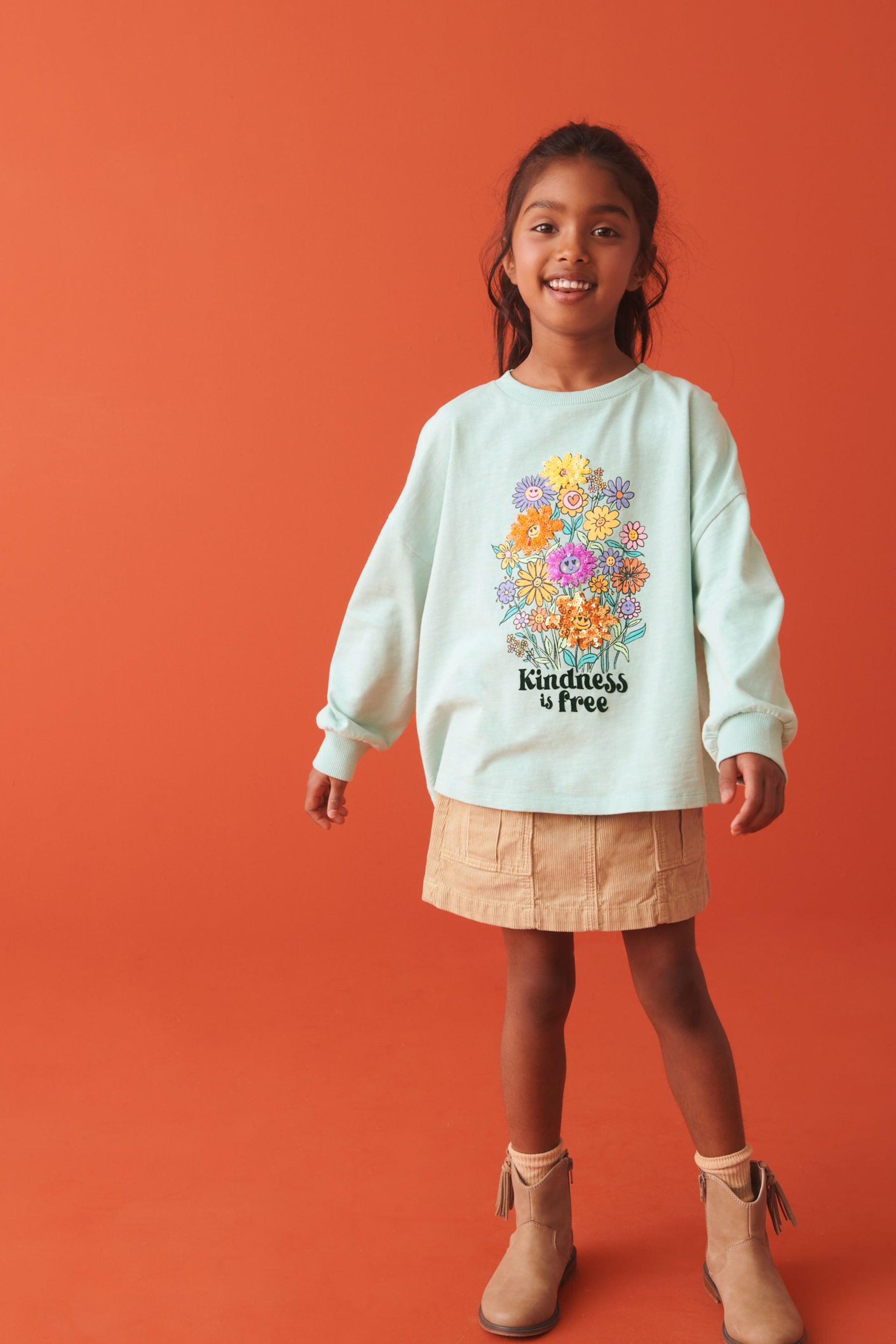 Teal Blue Sequin Flowers Long Sleeve T-Shirt (3-16yrs) - Image 2 of 8