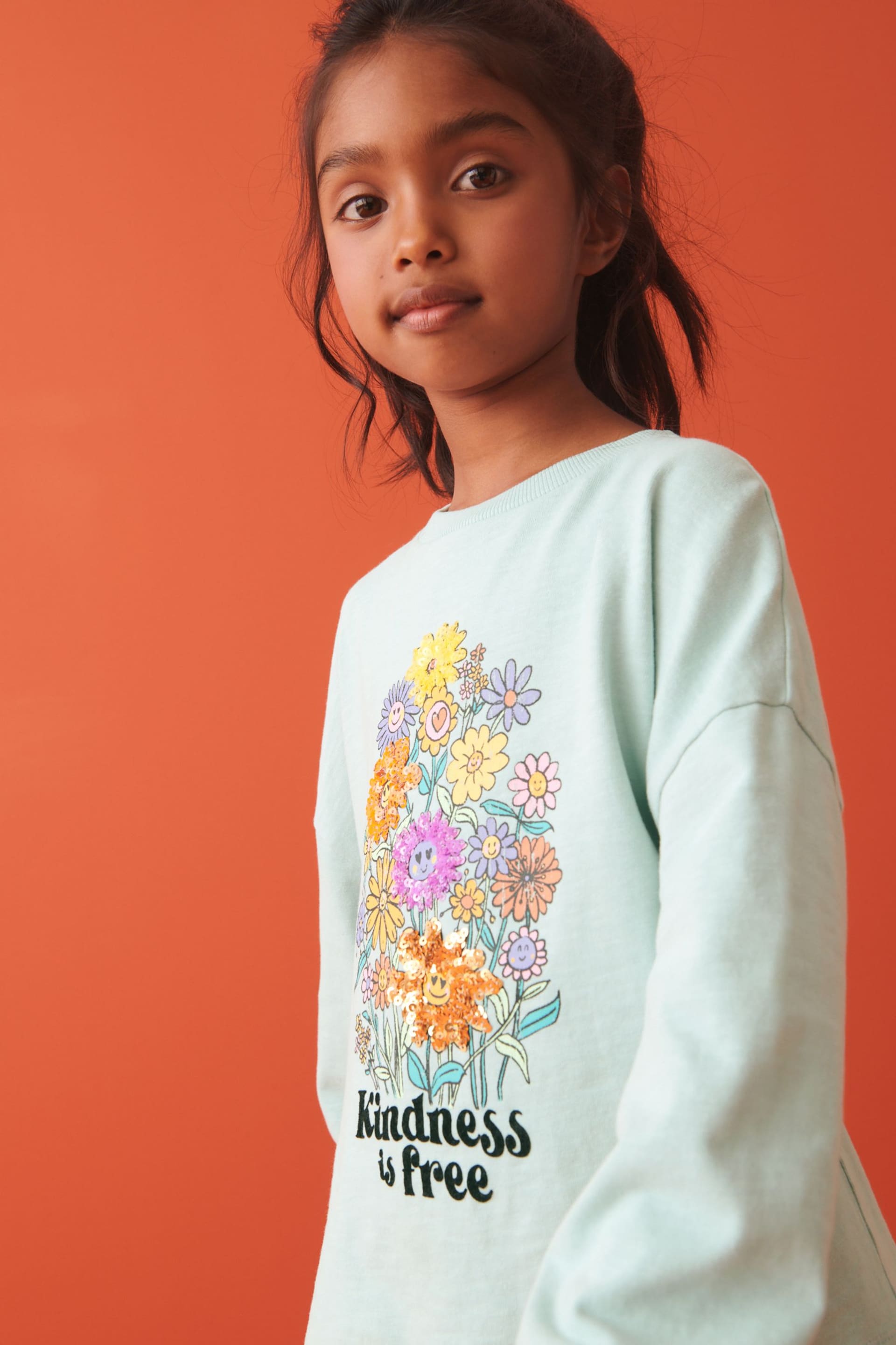 Teal Blue Sequin Flowers Long Sleeve T-Shirt (3-16yrs) - Image 3 of 8