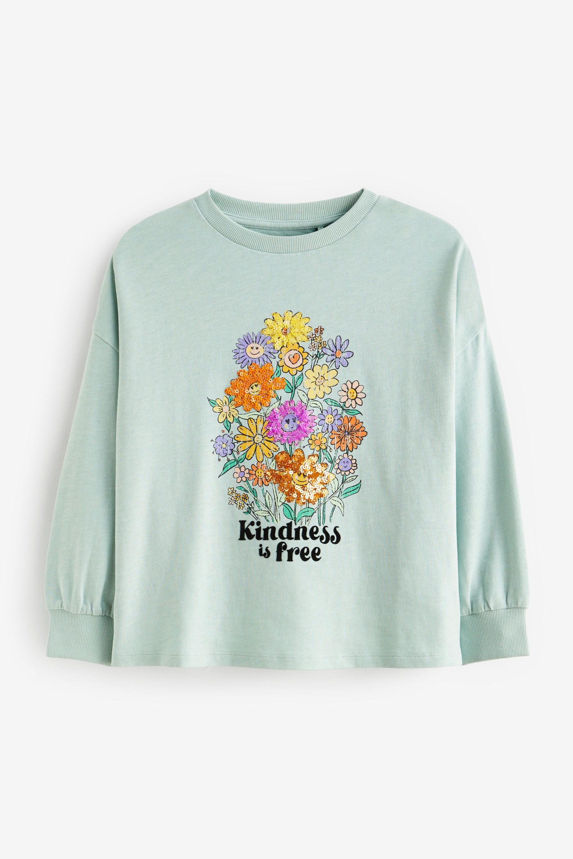 Teal Blue Sequin Flowers Long Sleeve T-Shirt (3-16yrs) - Image 6 of 8