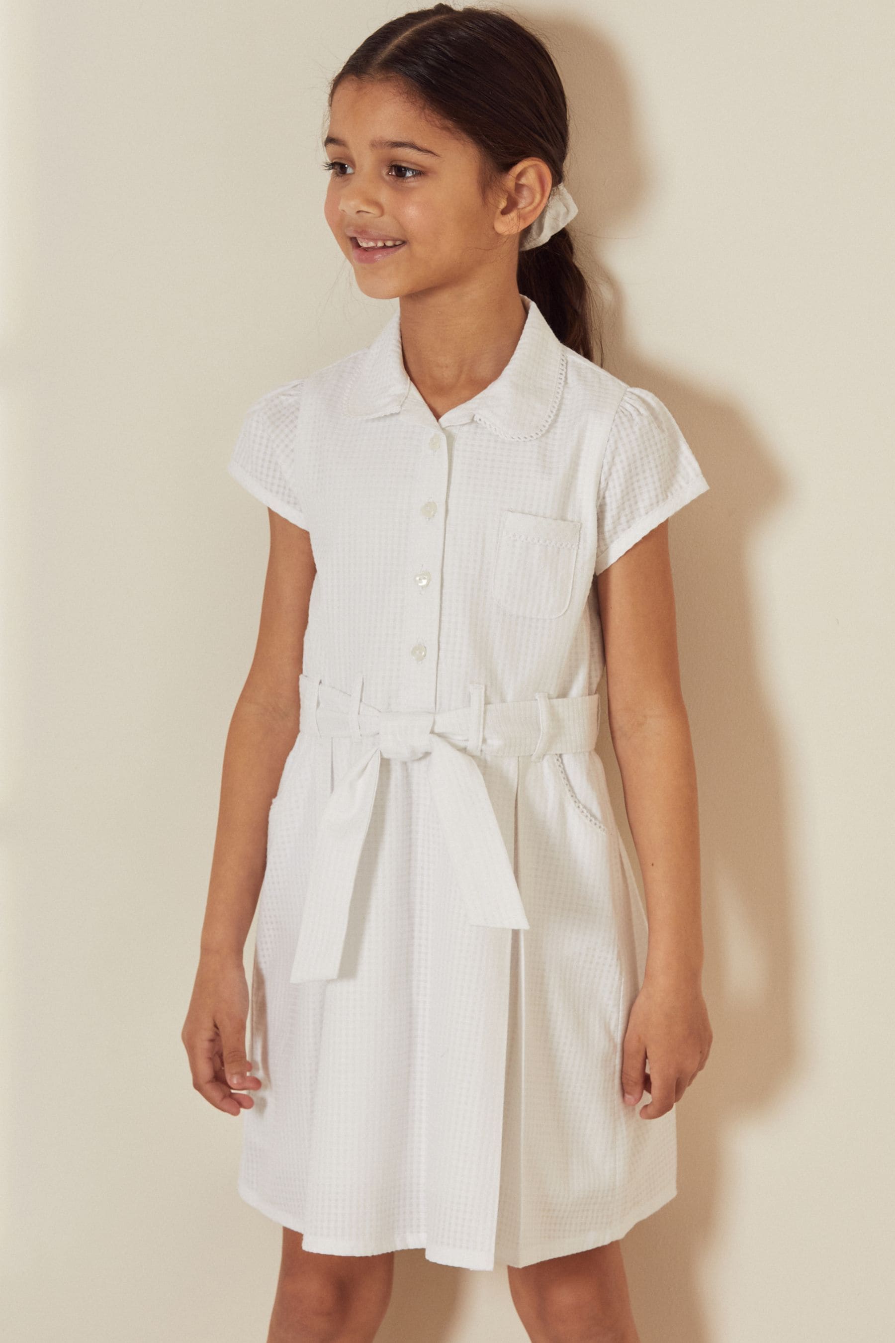Buy White Gingham Cotton Rich Belted School Dress With Scrunchie 3 14yrs from Next Luxembourg