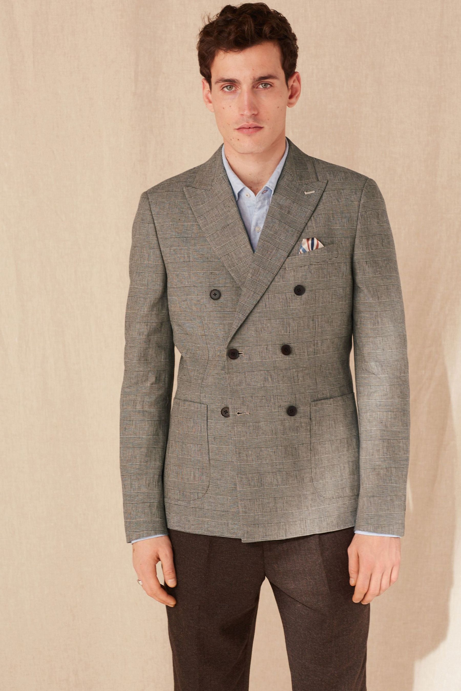 Buy Taupe Brown Double Breasted Slim Nova Fides Check Blazer from Next Luxembourg