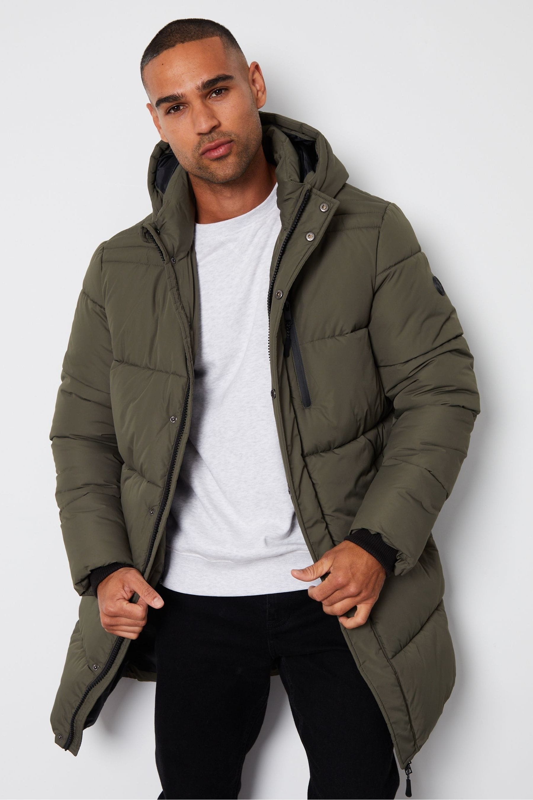Threadbare Khaki Showerproof Hooded Waterproof Longline Puffer Coat