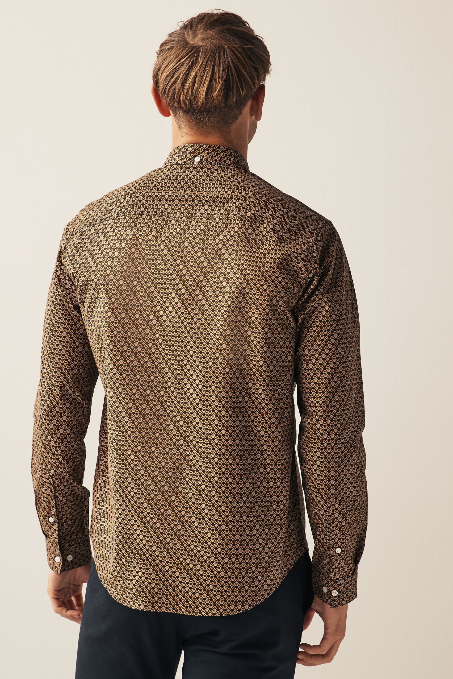 Black/Gold Stretch Oxford Printed Long Sleeve Shirt - Image 3 of 7