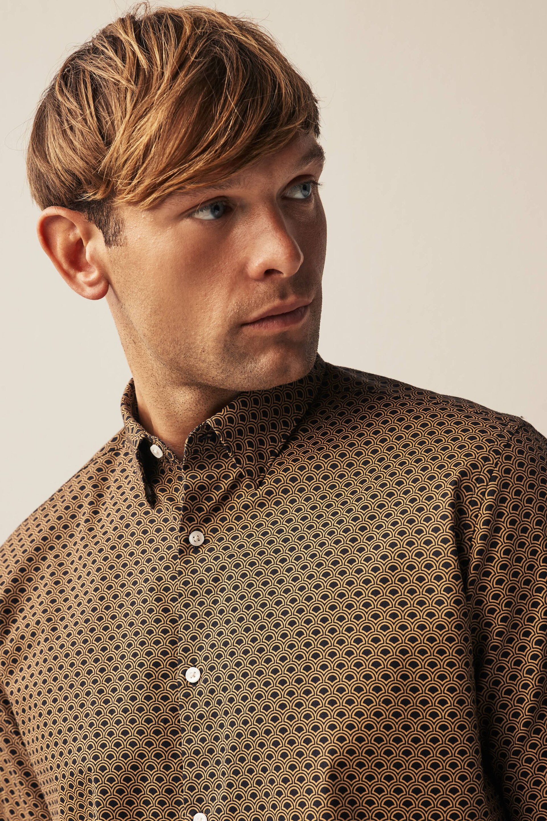 Black/Gold Stretch Oxford Printed Long Sleeve Shirt - Image 4 of 7