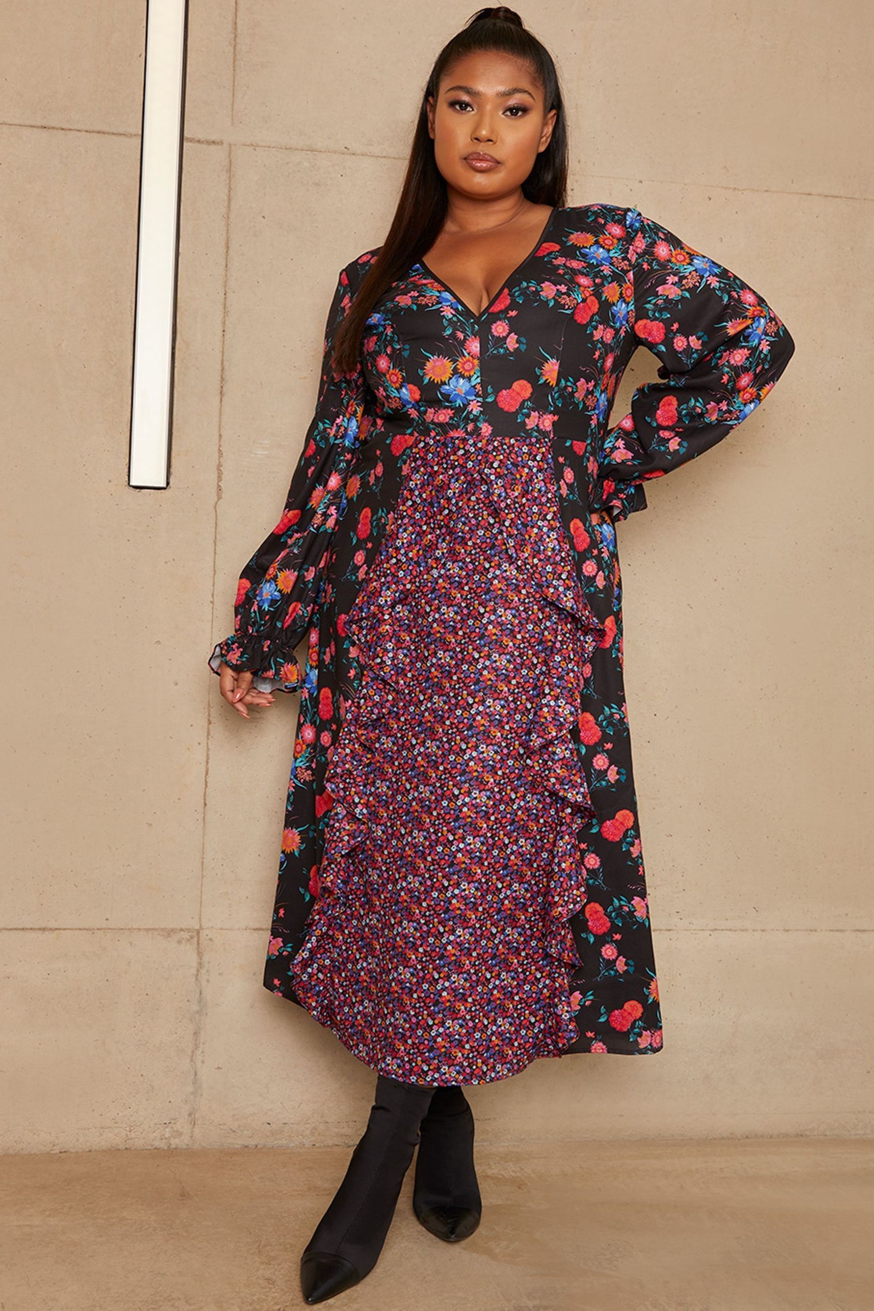 Buy Chi Chi London Black Curve Long Sleeve Plunge Floral Printed Midi Dress from Next Luxembourg
