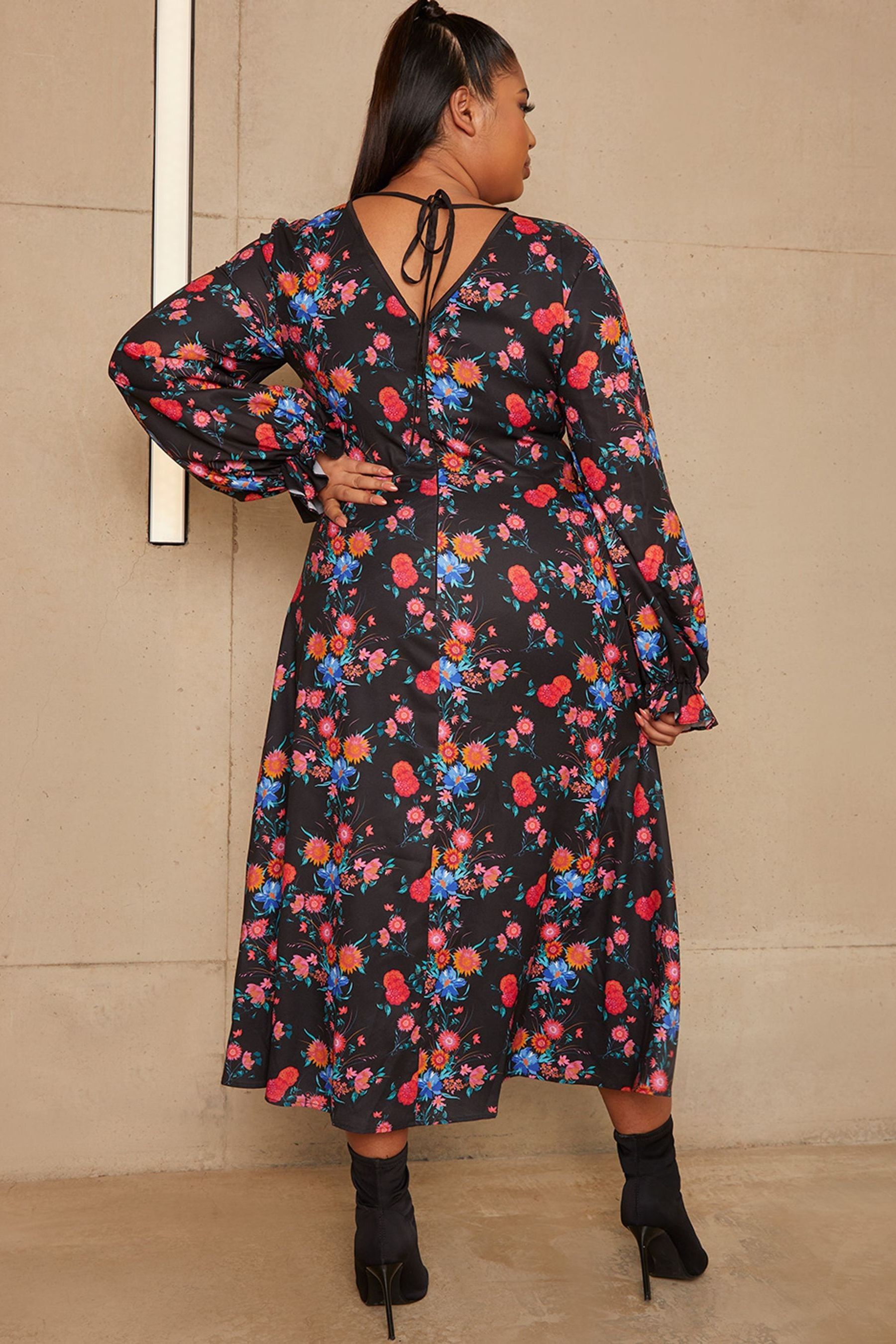 Buy Chi Chi London Black Curve Long Sleeve Plunge Floral Printed Midi Dress from Next Luxembourg
