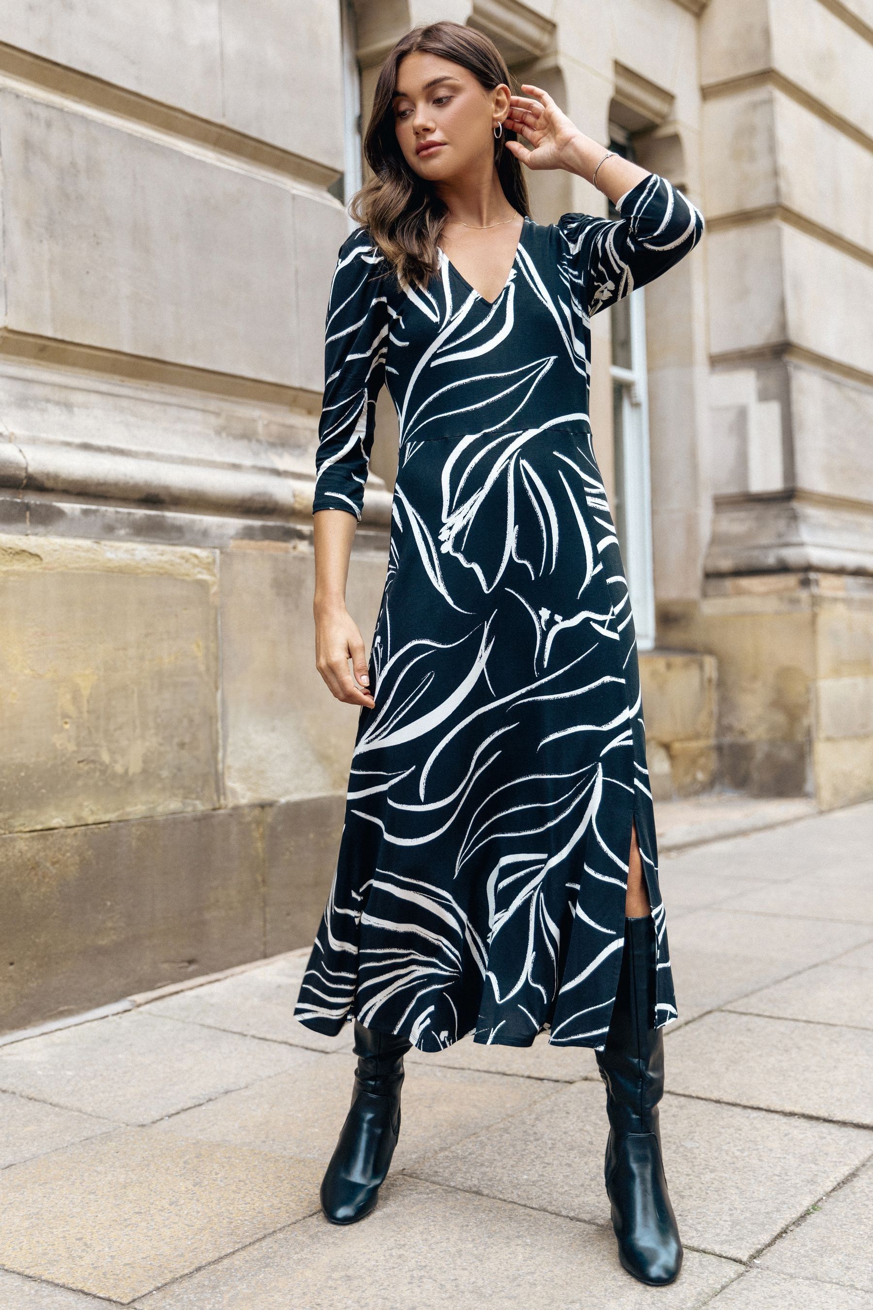 Buy Roman Black Abstract Print Midi Stretch Dress from the Next UK online shop