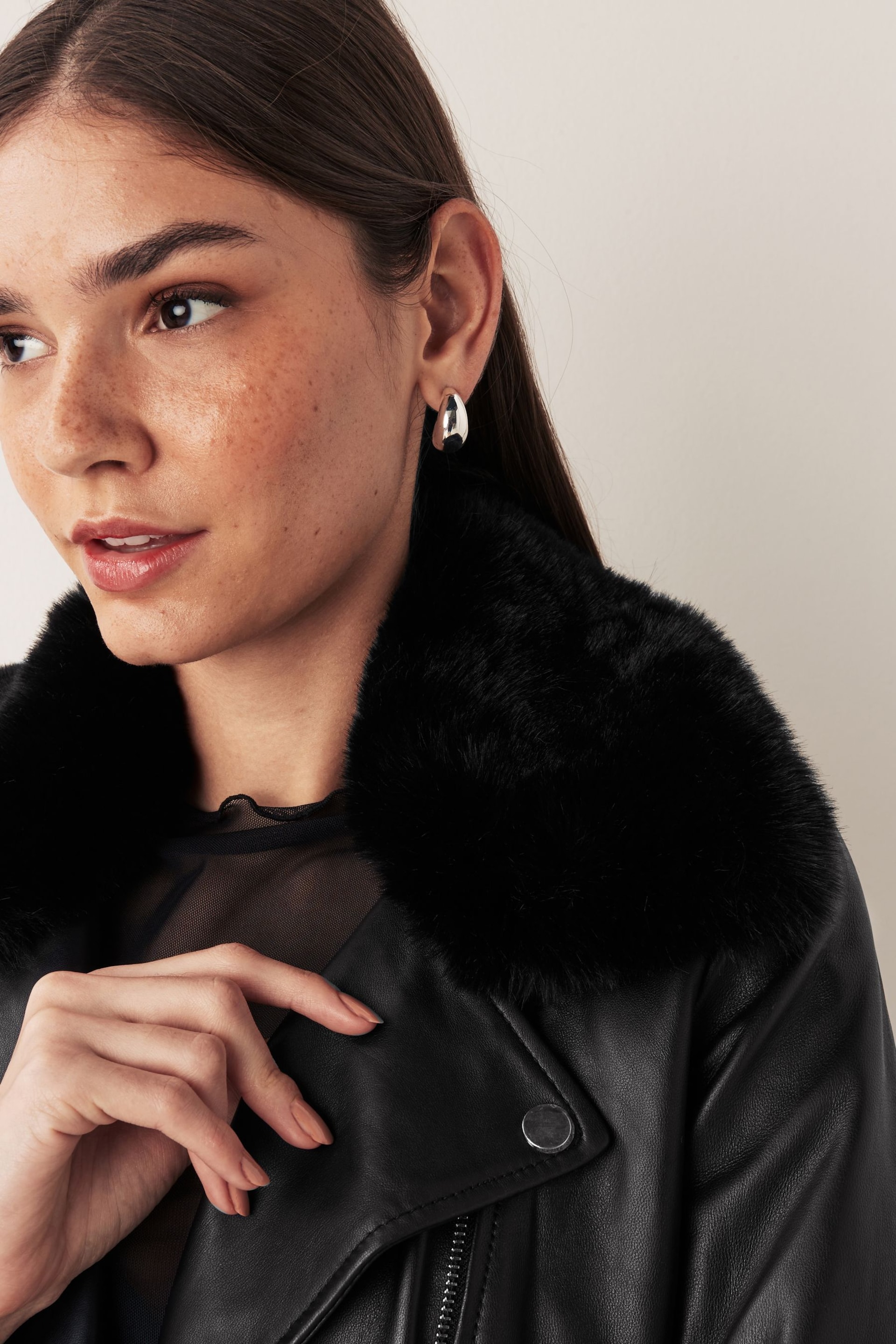 Urban Code Black Leather Biker With Removable Faux Fur Collar Jacket - Image 4 of 8