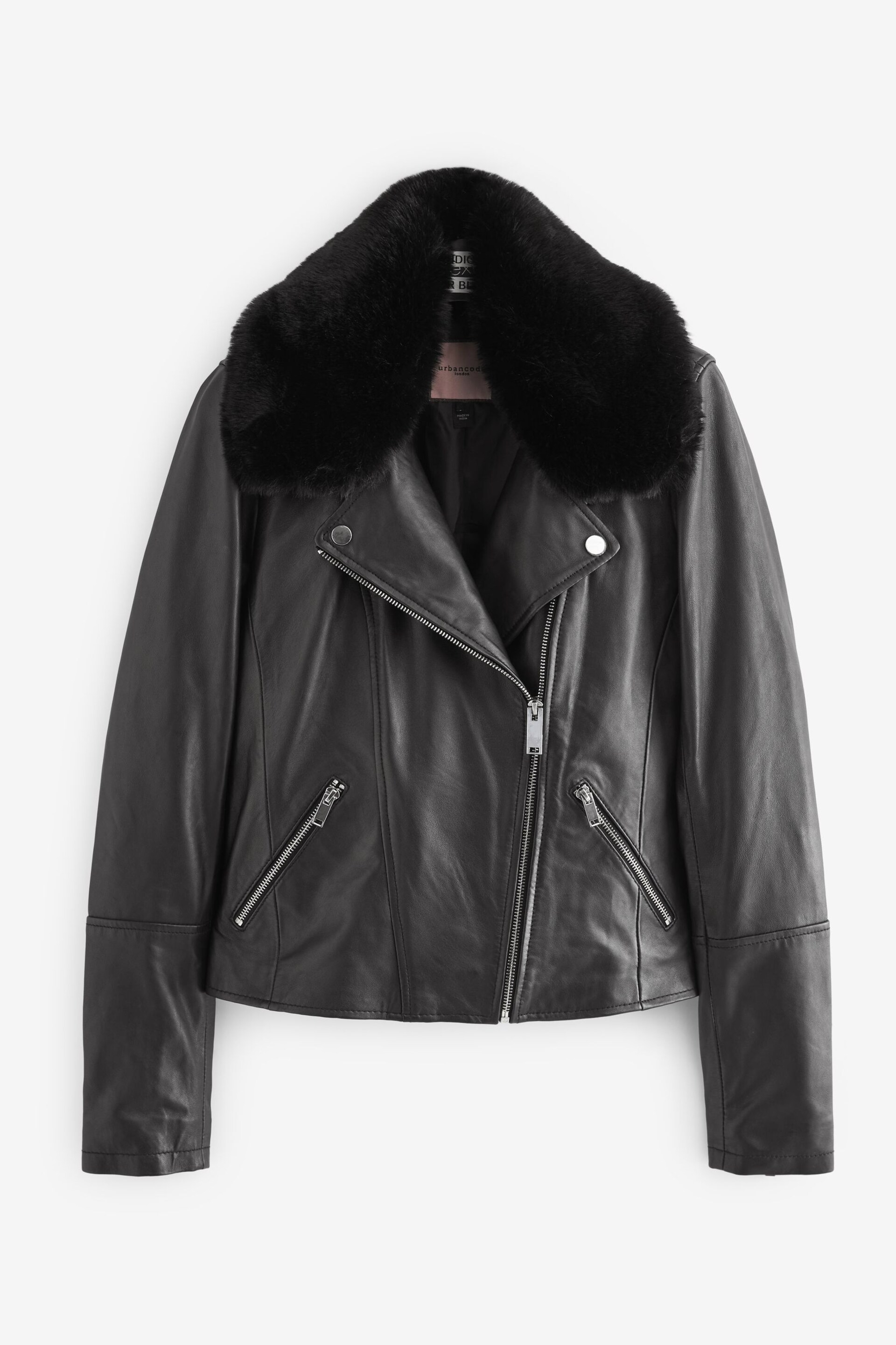 Urban Code Black Leather Biker With Removable Faux Fur Collar Jacket - Image 6 of 8