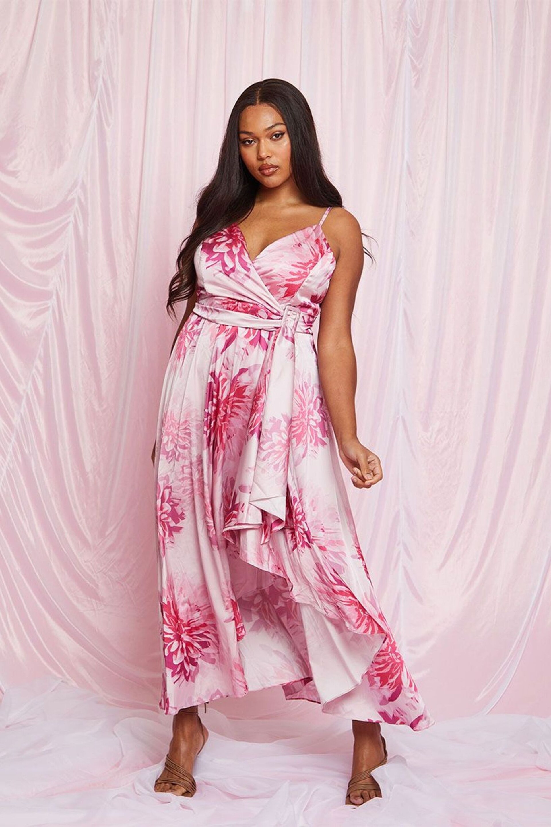 Chi Chi London Pink Cami Floral Print Wrap Midi Dress - Image 3 of 3