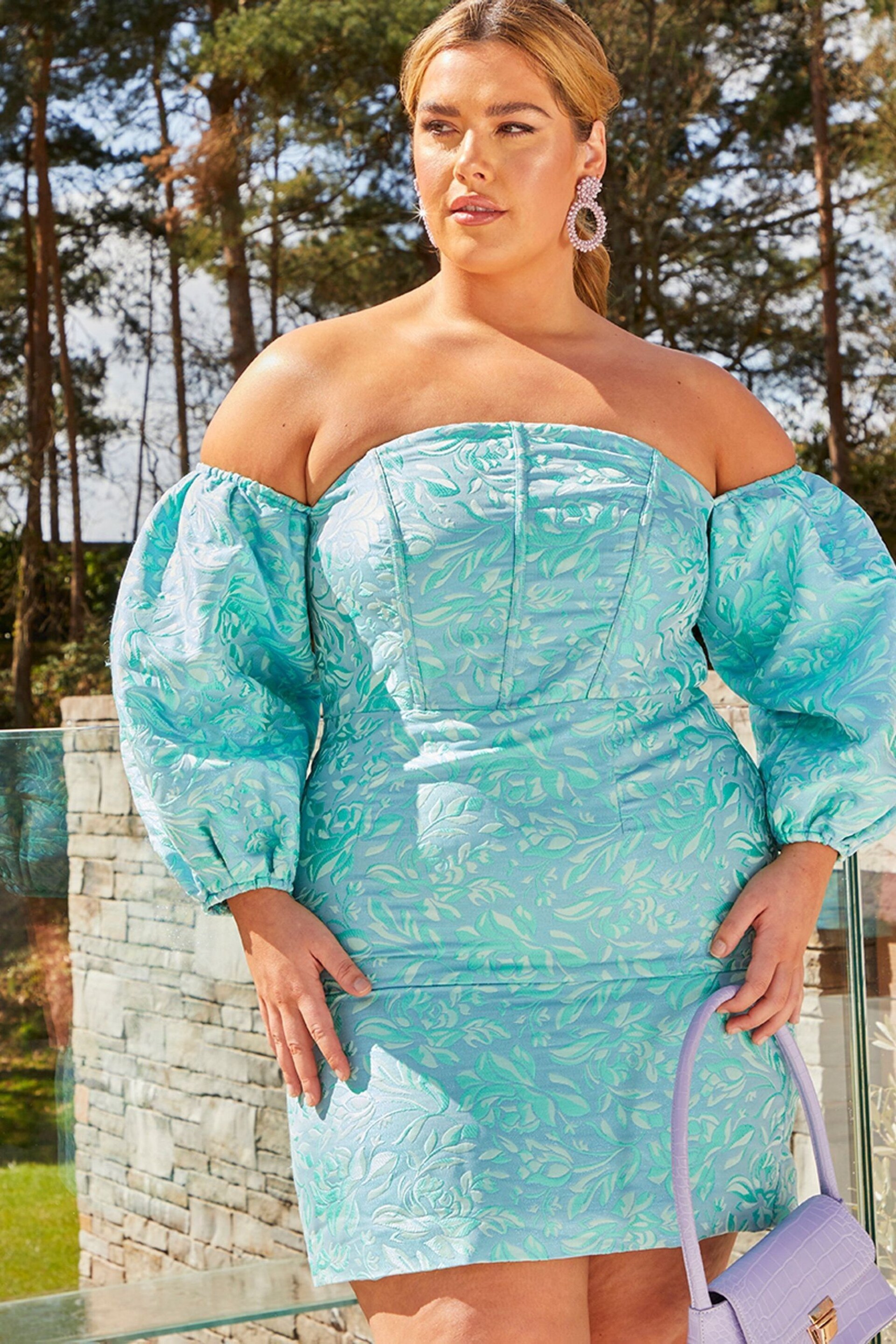Chi Chi London Blue Plus Size Long Sleeve Off Shoulder Mini Dress - Image 4 of 5