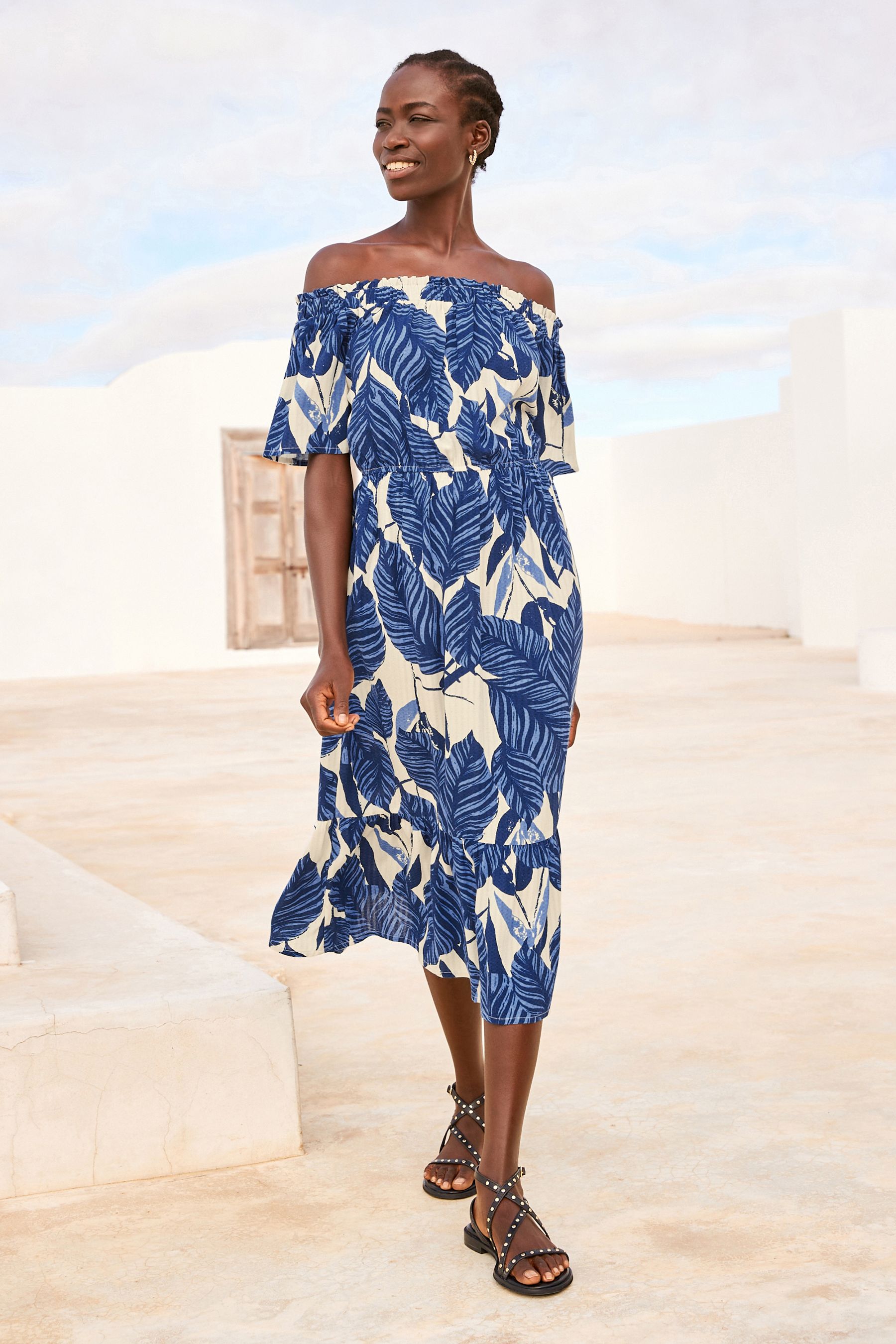 Buy Blue Leaf Off Shoulder Midi Summer Dress from Next Luxembourg