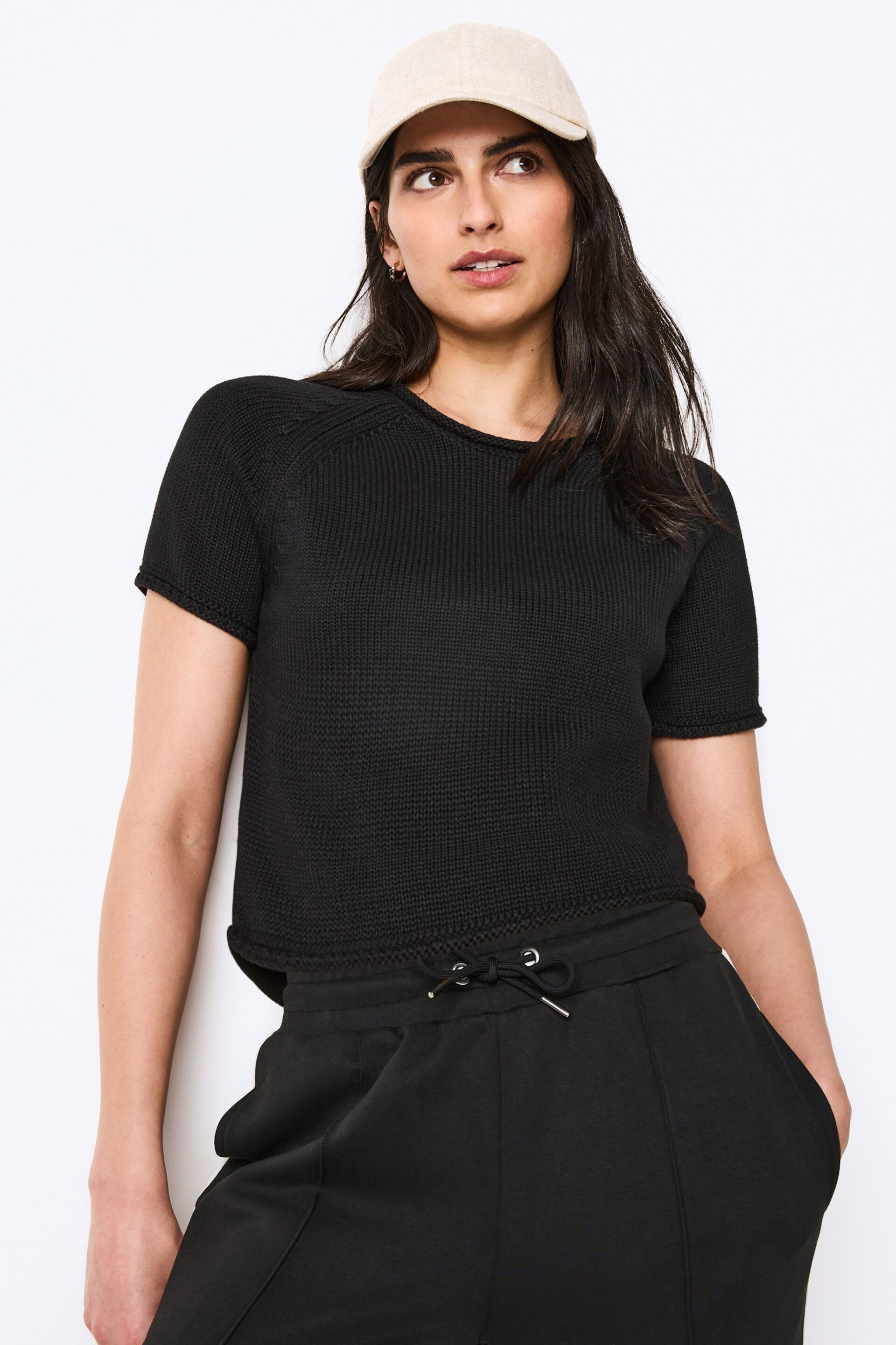 Black 100% Cotton Roll Edge Knitted T-Shirt - Image 1 of 6
