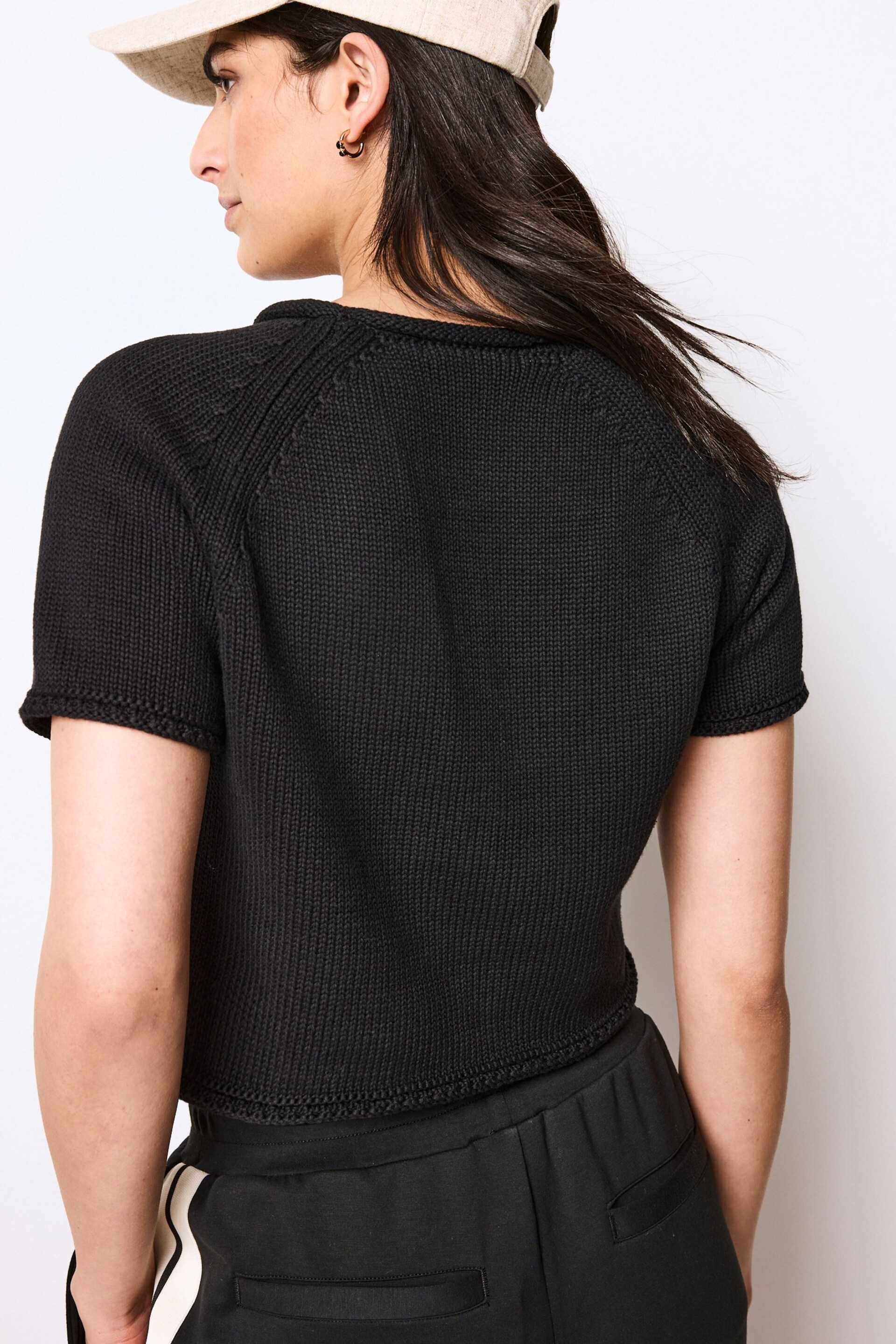 Black 100% Cotton Roll Edge Knitted T-Shirt - Image 3 of 6