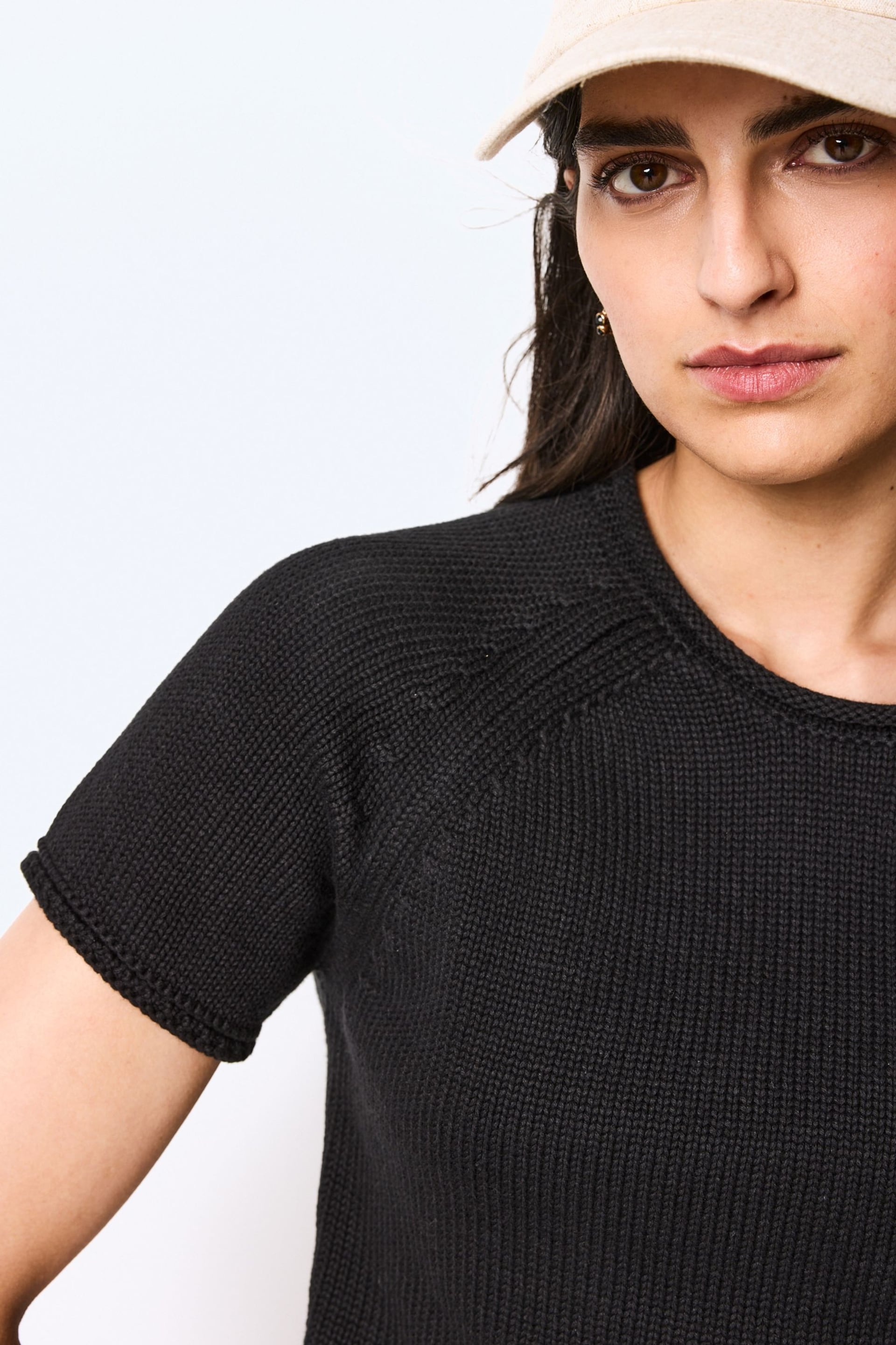 Black 100% Cotton Roll Edge Knitted T-Shirt - Image 4 of 6