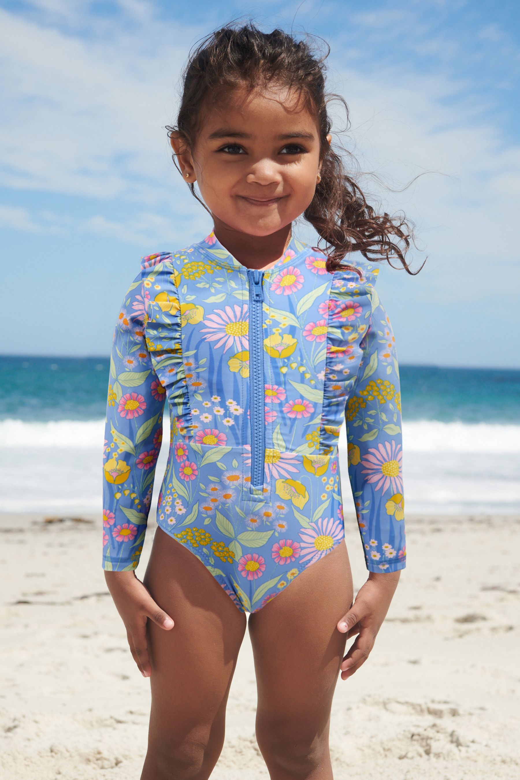 Buy Blue Long Sleeve Frill Shoulder Sunsafe Swimsuit from Next Luxembourg