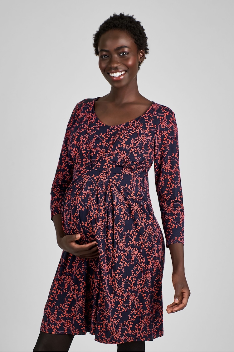 JoJo Maman Bébé Navy Leaf Print Maternity & Nursing Pleat Jersey Dress - Image 1 of 4