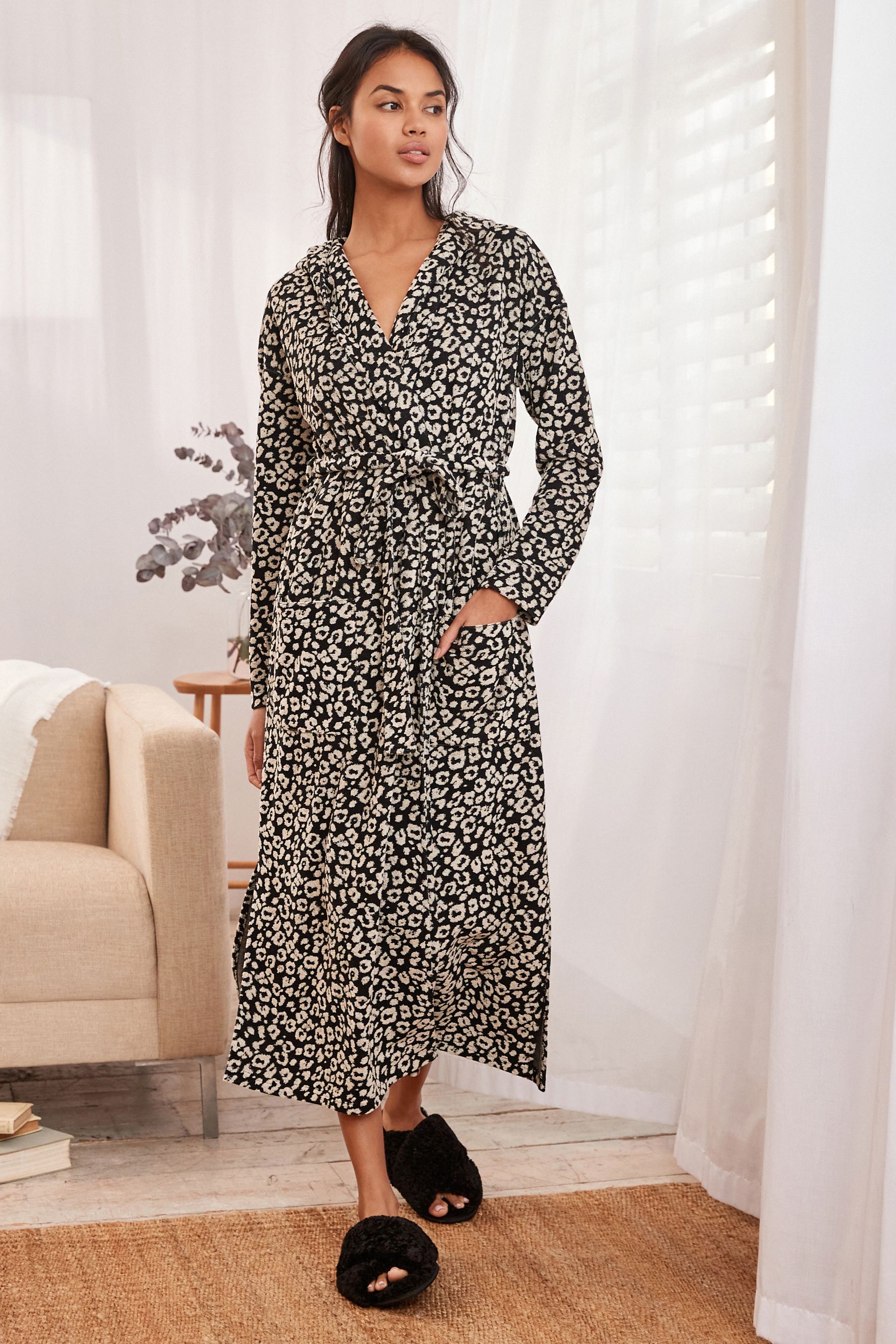 Buy Black White Animal Print Towelling Dressing Gown from Next Luxembourg