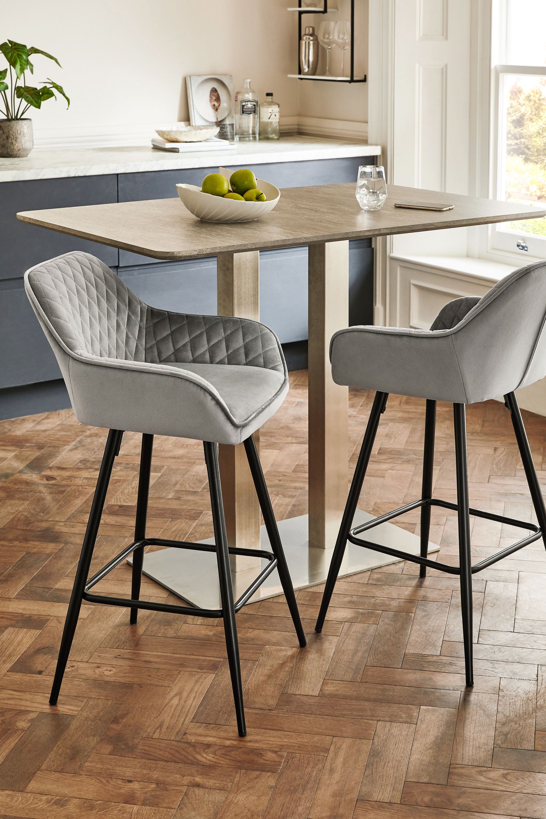 Buy Soft Velvet Mid Grey Hamilton Fixed Height Quilted Kitchen Bar Stool from the Next UK online shop